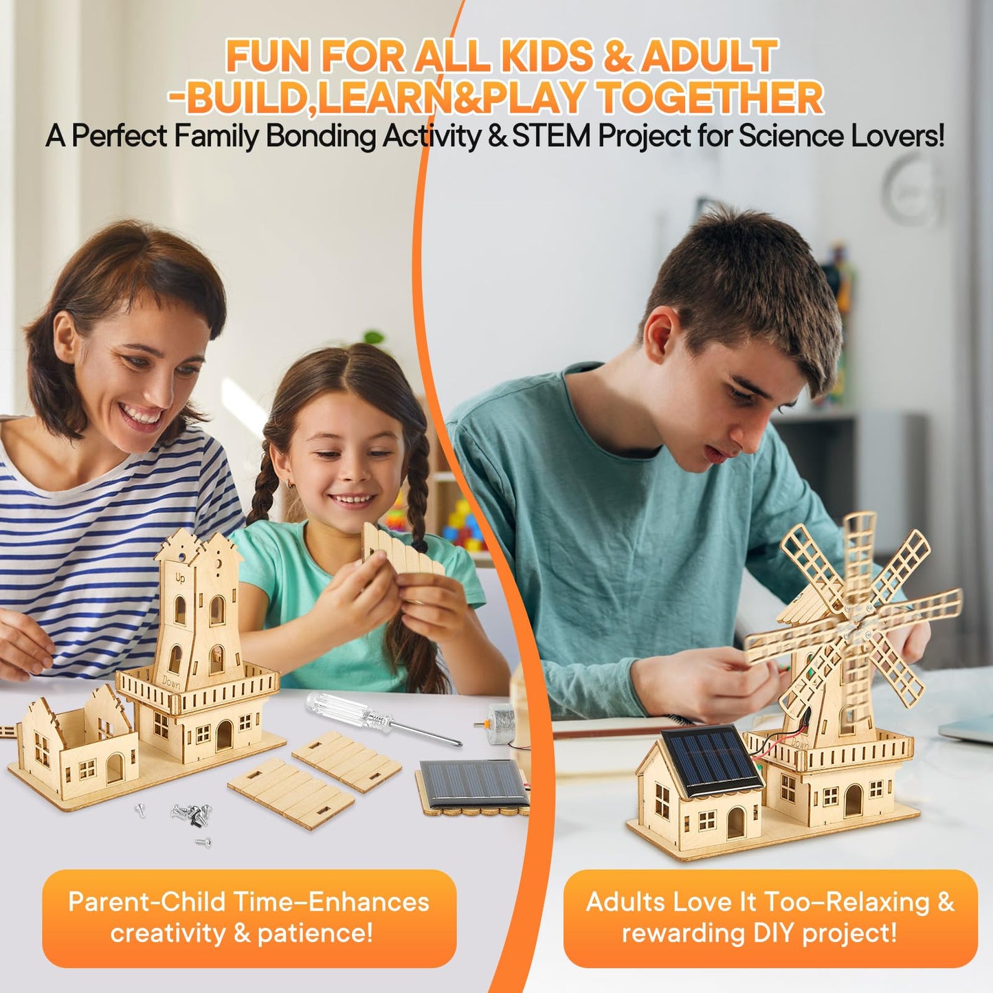 STEM Solar-Powered 3D Wooden Puzzle Kit - DIY Dutch Windmill House Building Toy | Educational Science Craft for Kids 8-15 & Adults | Hands-On Creative