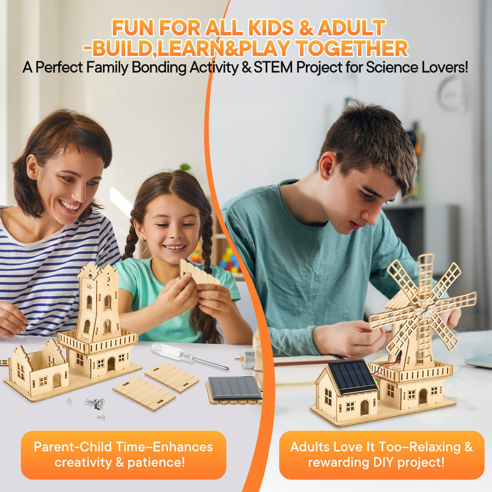 STEM Solar-Powered 3D Wooden Puzzle Kit - DIY Dutch Windmill House Building Toy | Educational Science Craft for Kids 8-15 & Adults | Hands-On Creative