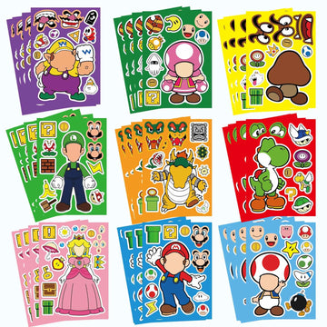 36 Sheets Mario Make a Face Stickers, Cartoon Book Crafts, DIY Party Supplies Favors Your Own Mixed and Matched with Different Designs Characters