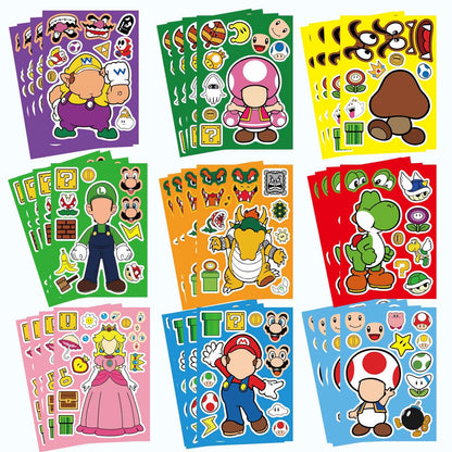36 Sheets Mario Make a Face Stickers, Cartoon Book Crafts, DIY Party Supplies Favors Your Own Mixed and Matched with Different Designs Characters