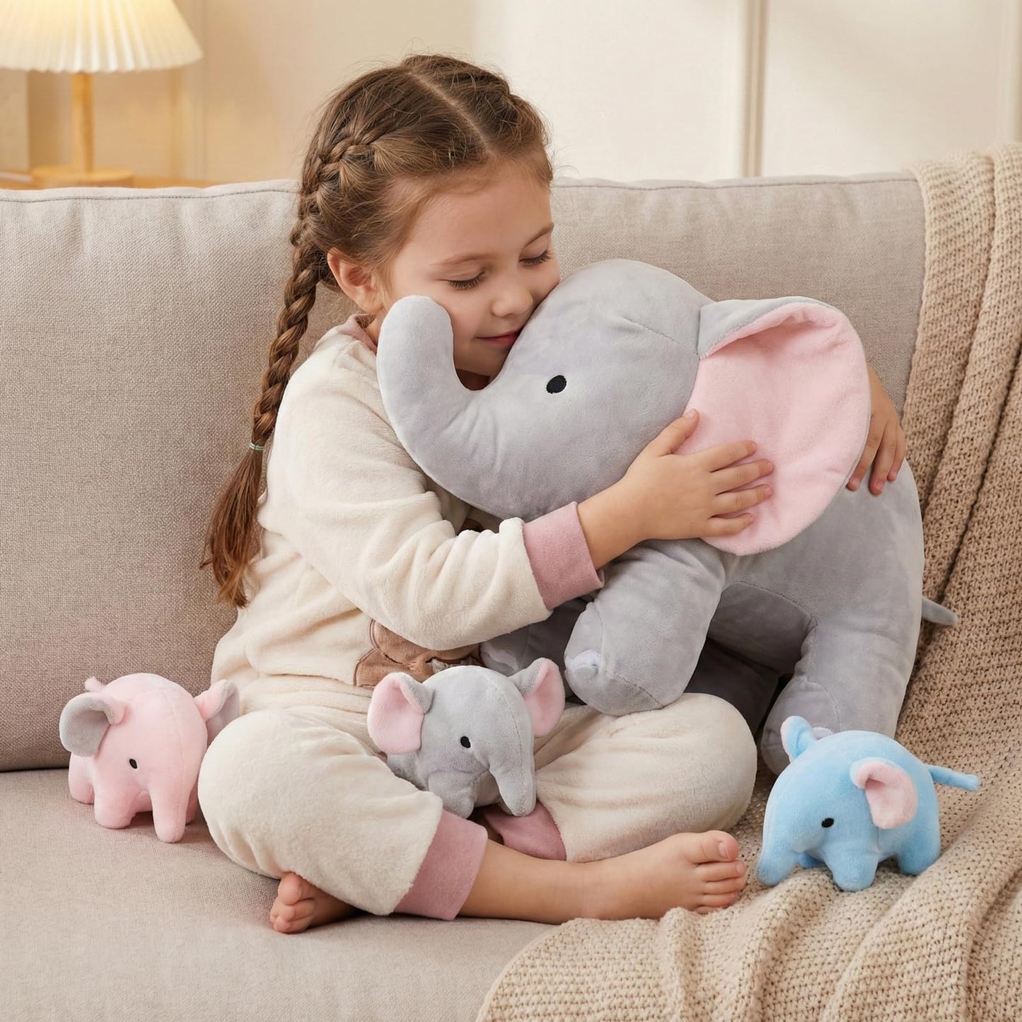 WEIGEDU Elephant Plush Toy Set - 4-Piece Stuffed Animal Family with Zipper Storage | Soft Elephant Dolls for Toddlers & Kids | Grey, Blue, Pink