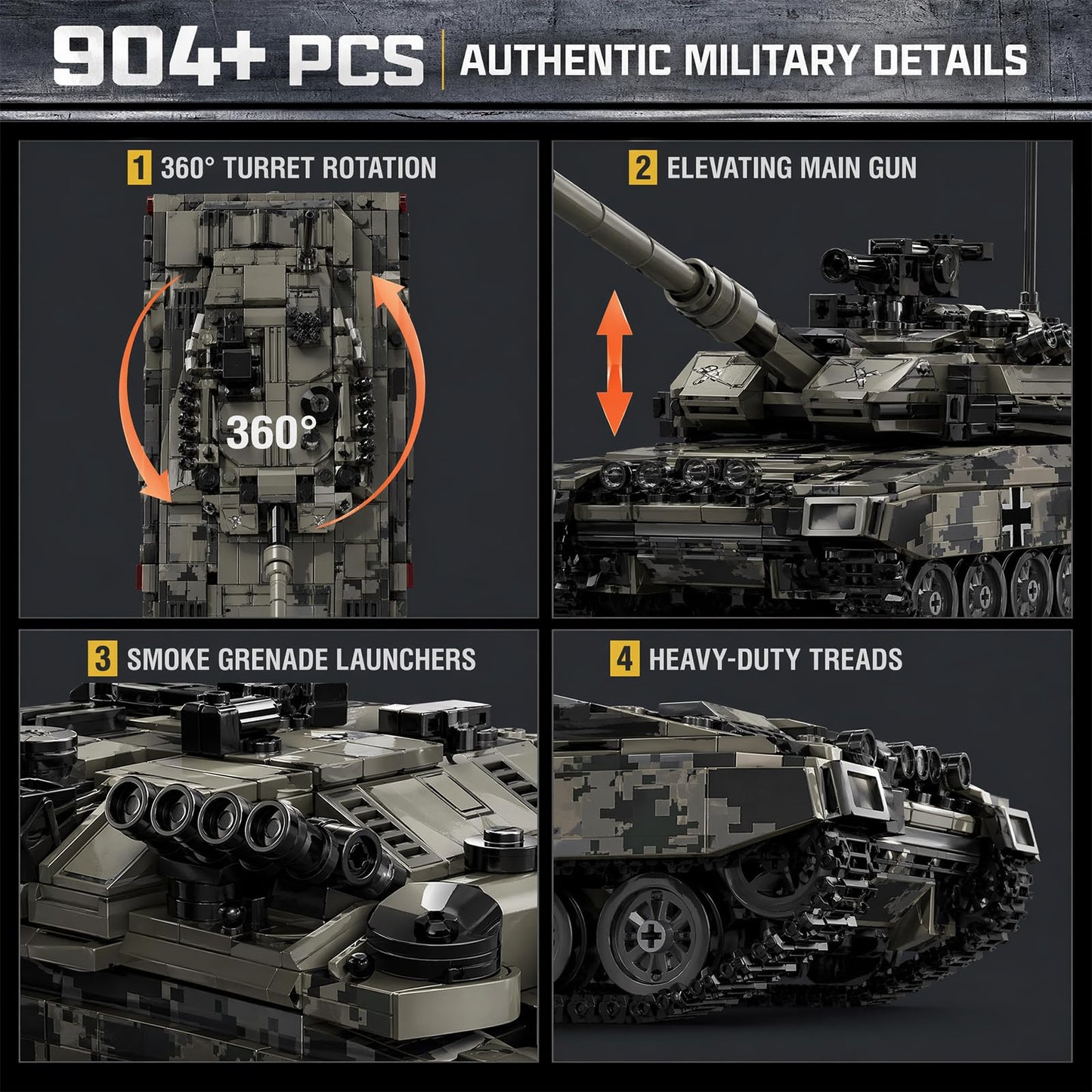 Myth Qholve Leopard 2A7 Heavy Tank Building Blocks Set, 904 PCS, Realistic Military Model with 360° Rotating Turret, Elevating Gun, Smoke Grenade
