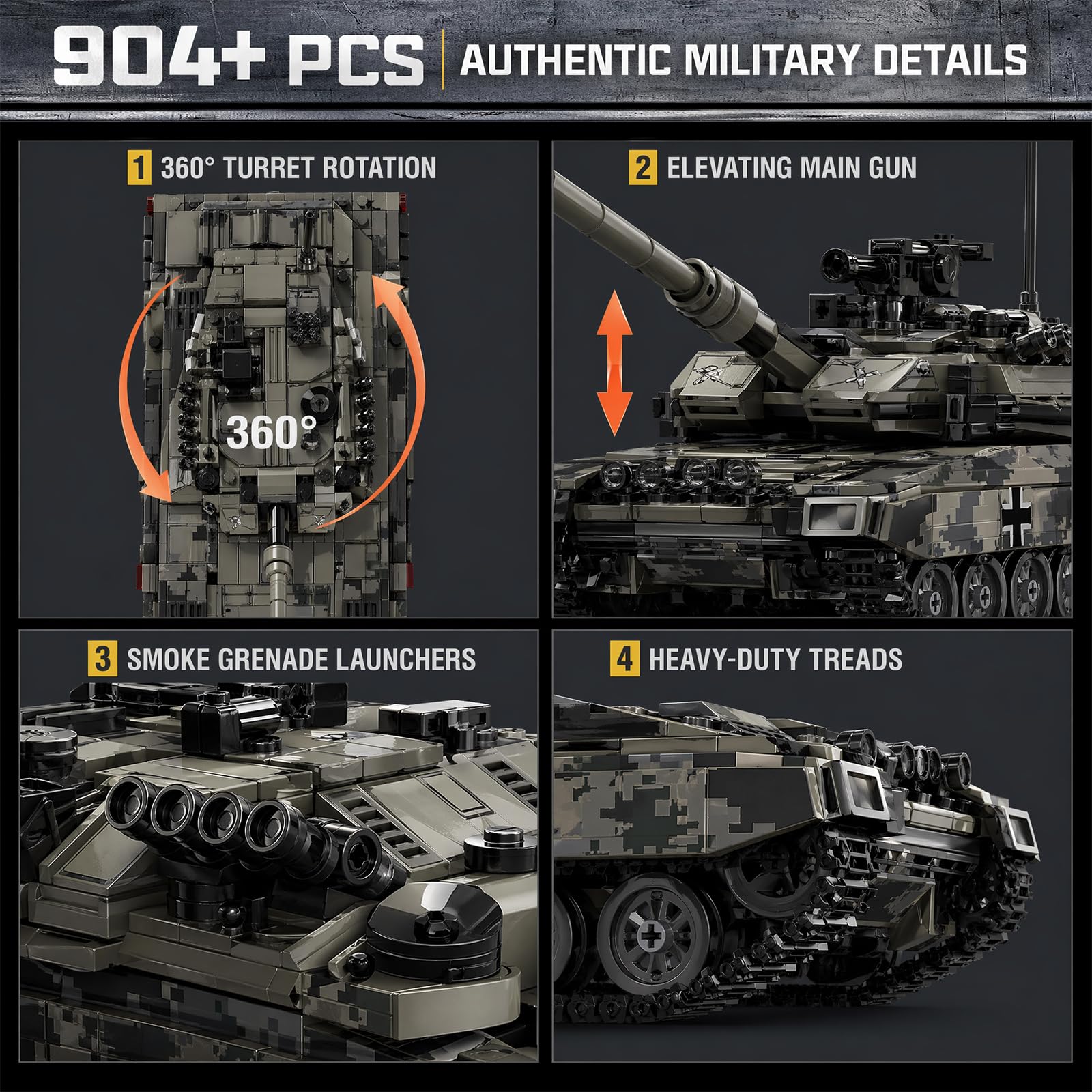 Myth Qholve Leopard 2A7 Heavy Tank Building Blocks Set, 904 PCS, Realistic Military Model with 360° Rotating Turret, Elevating Gun, Smoke Grenade