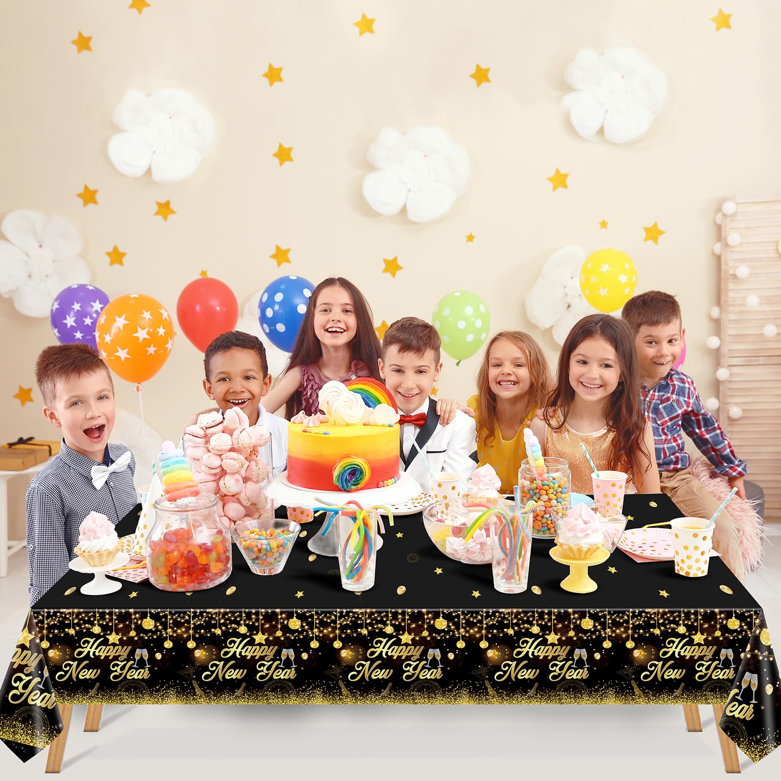 Tudniky Happy New Year Plastic Tablecloth, 2026 Disposable Table Cover, Plastic Table Clothes for Parties Decorations Supplies(108”L X 54”W, Black)