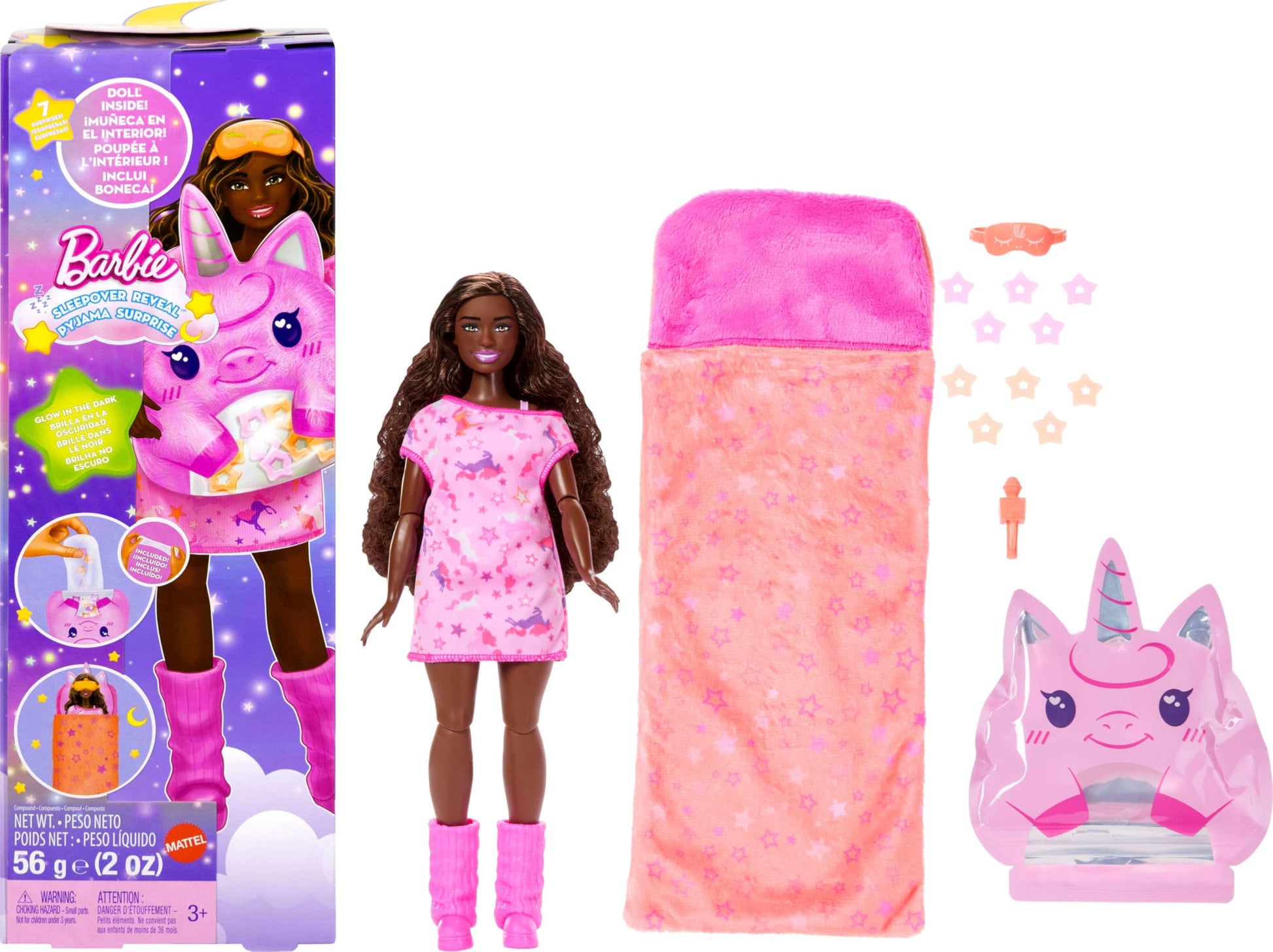 Barbie Party Unboxed Doll & Accessories, Sleepover Reveal Series with 7 Surprises Including Glow-in-The-Dark Activity Pink Pajama Doll