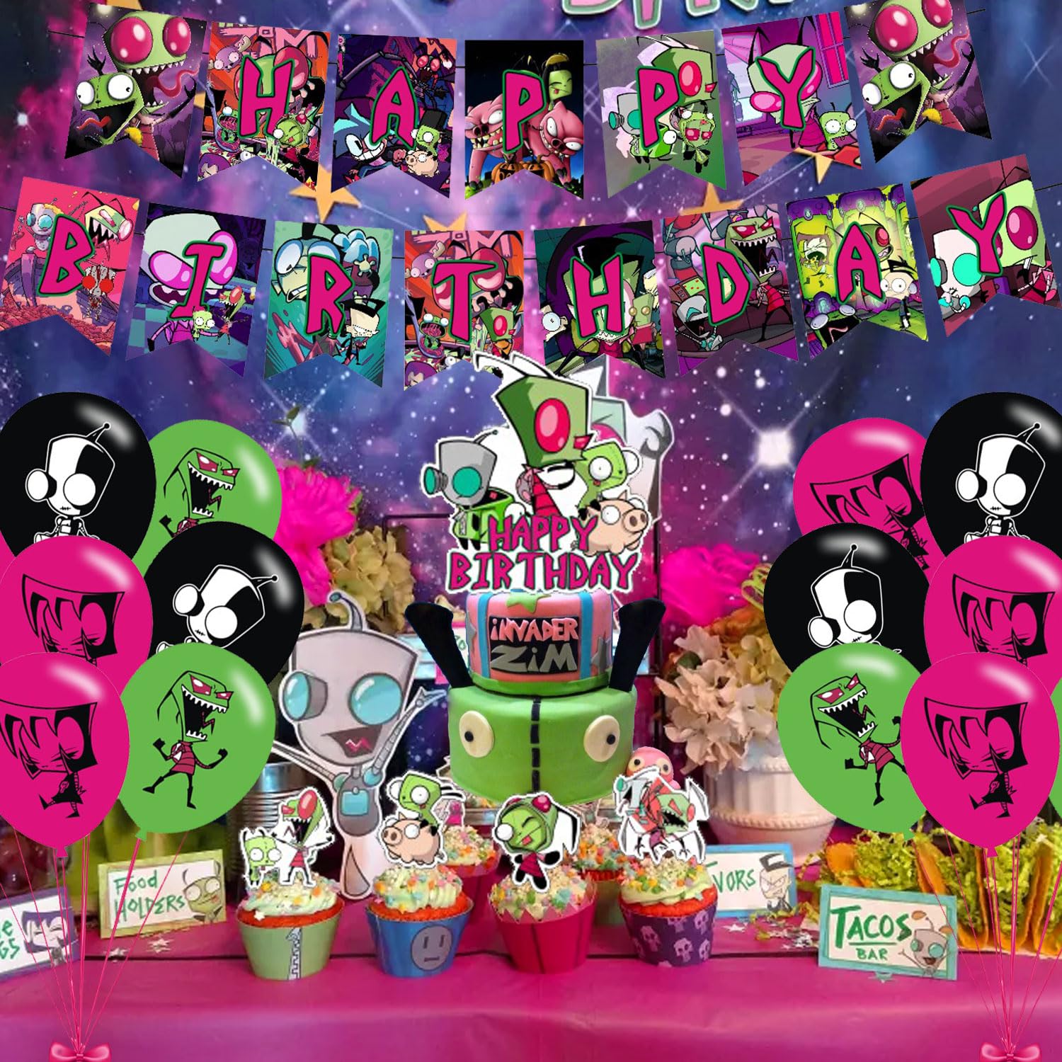 Invader Zim Party Decorations,Invader Zim Birthday Party Supplies Includes Banner - Cake Topper - 24 Cupcake Toppers - 18 Balloons