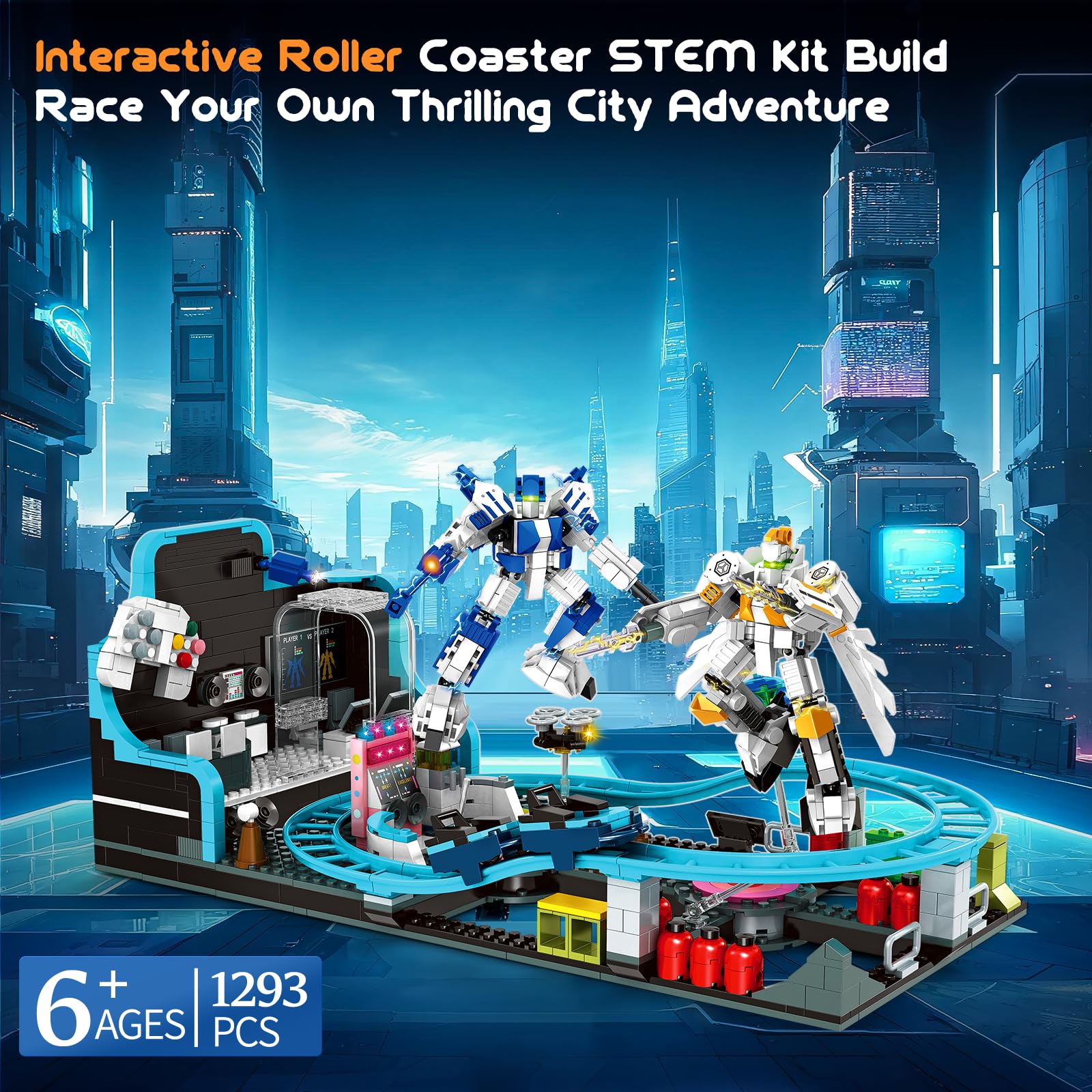 Robot Space Roller Coaster Building Toy for Kids,1293 Pieces Roller Coaster Amusement Park Block Building Set, Interactive Space Station Construction
