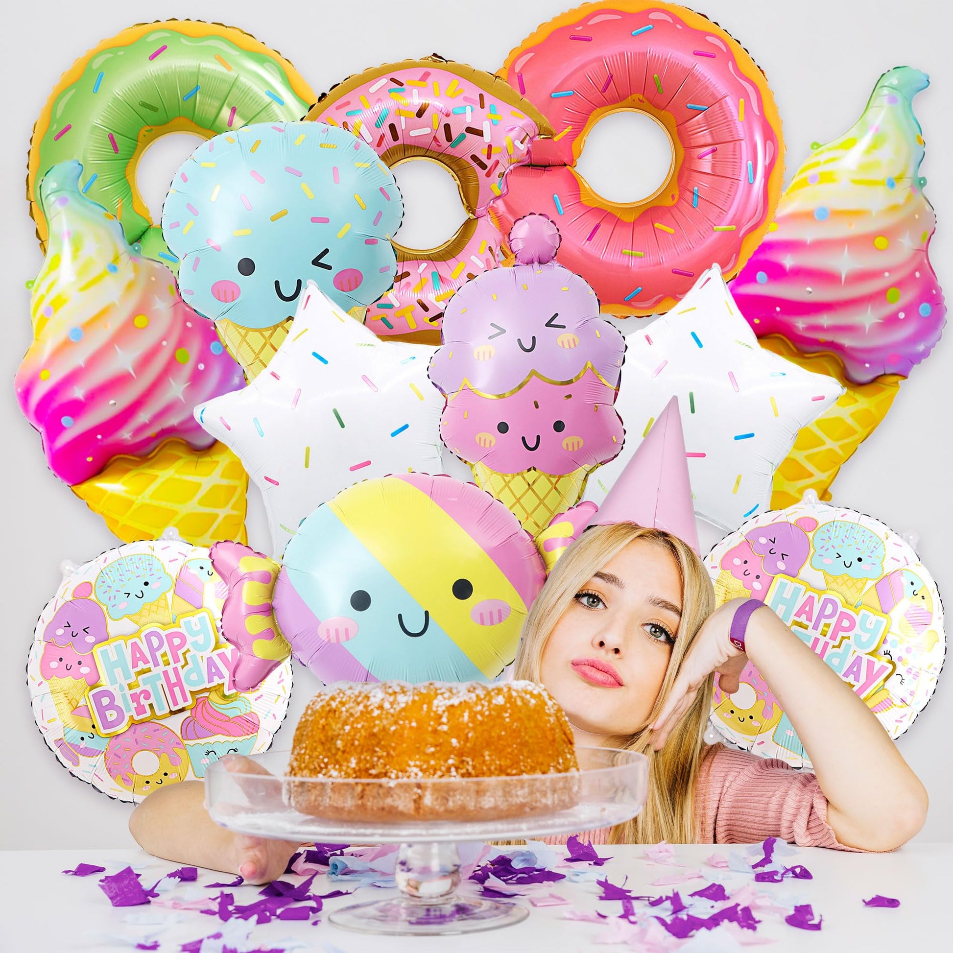 12 PCS Large Ice Cream Theme Balloons, Donut & Candy Foil Mylar Balloons for Ice Cream Party Decorations, Summer Birthday, Baby Shower Supplies