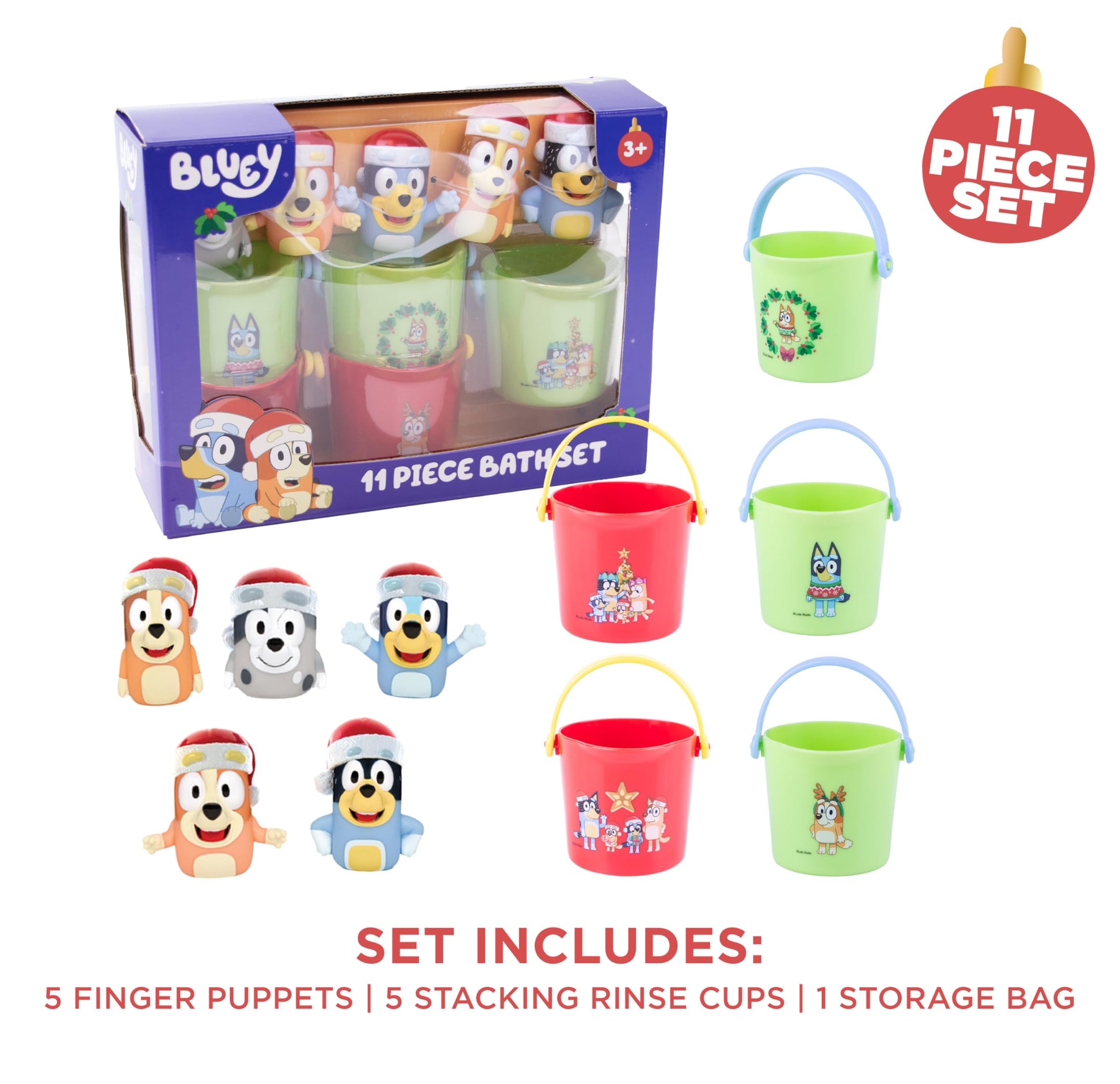Bluey Holiday Bath Toys - 11 pc Bath Value Set, Bath Toys, Finger Puppets, Rinse Cups, Foam Pump, Bath squirters