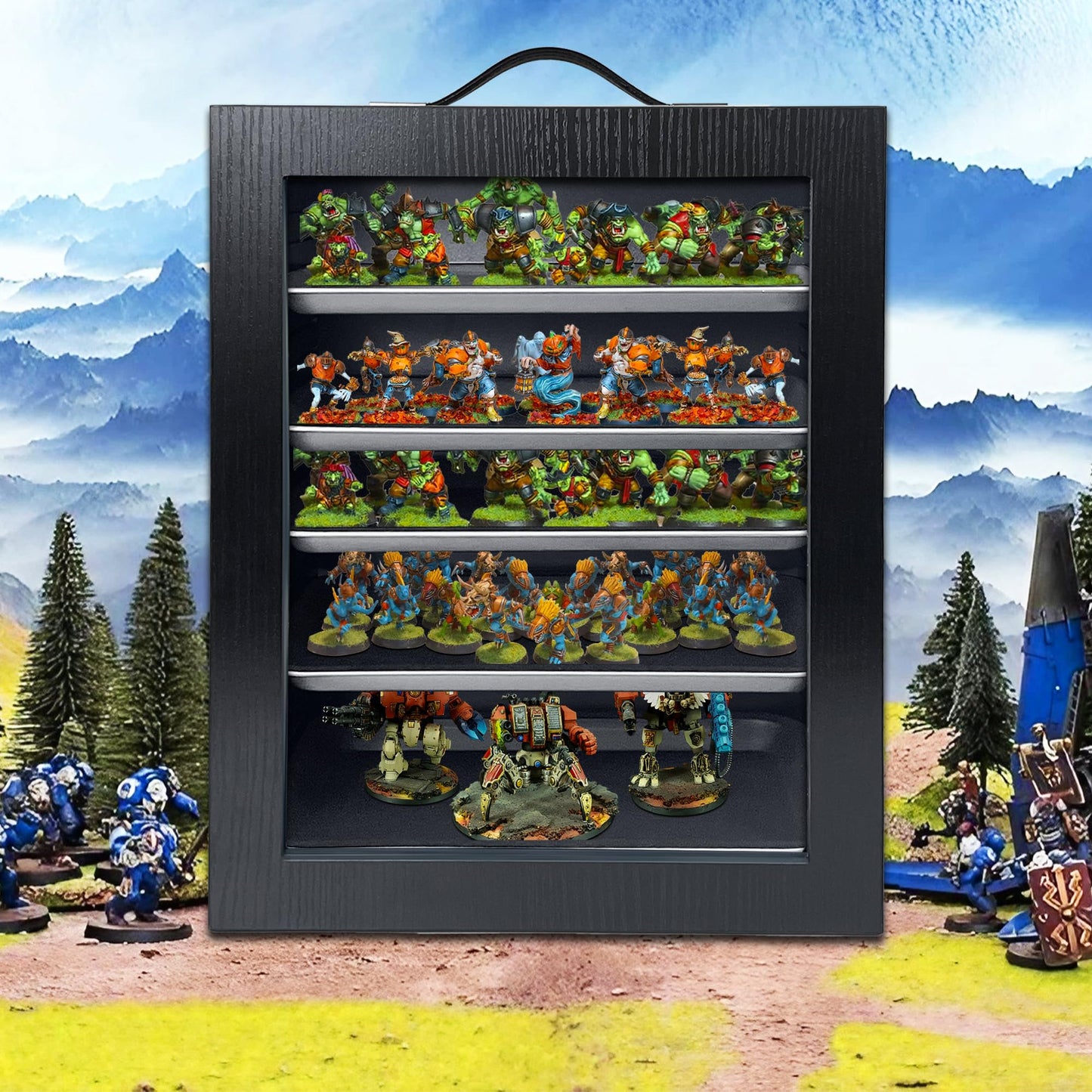 Miniature Storage Case for Collectibles Miniatures, Wooden Miniature Carrying Case with 5 Metal Trays, Miniatures Transport Case, Black