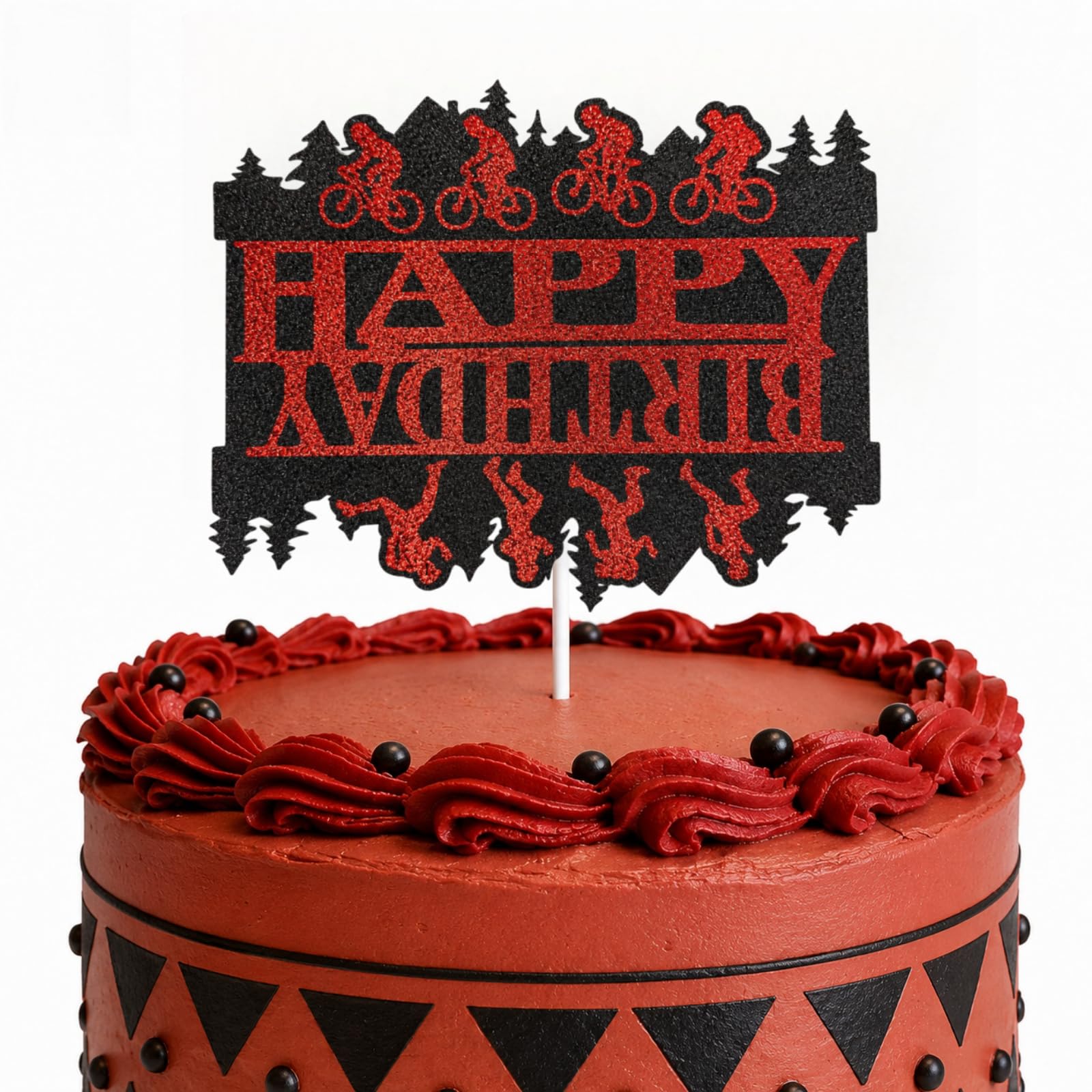 Happy Birthday Cake Topper, Glitter Black & Red Horrific Forest Birthday Cake Bunting Decor for Themed Party Favors & Decor Supplies