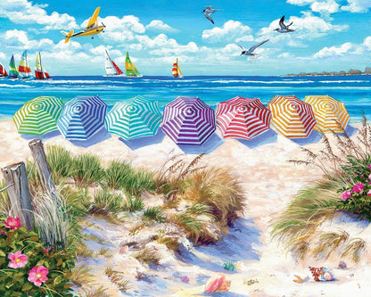 White Mountain 1000 Piece Jigsaw Puzzle Fun Summer Beach, Rainbow Umbrellas
