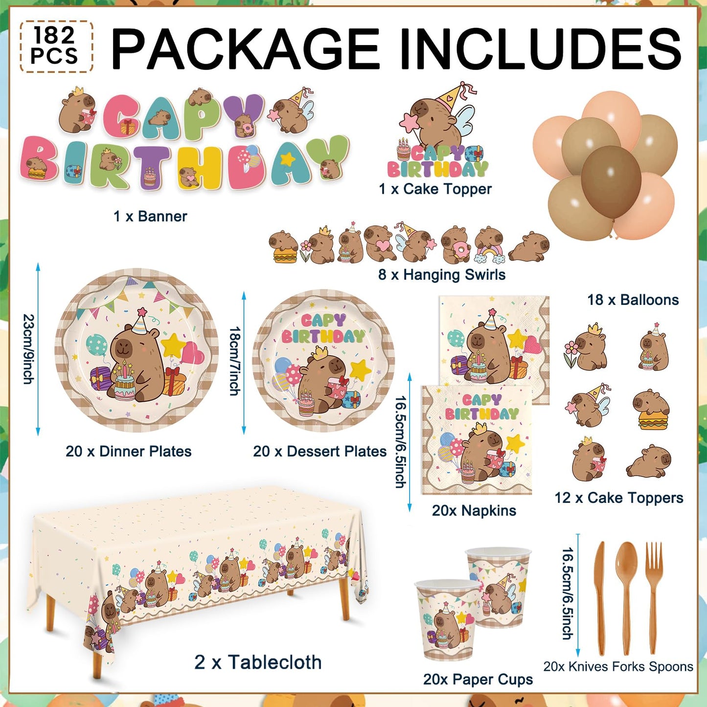 182pcs Capybara Birthday Party Decorations Plates Napkins Serve 20 Guests