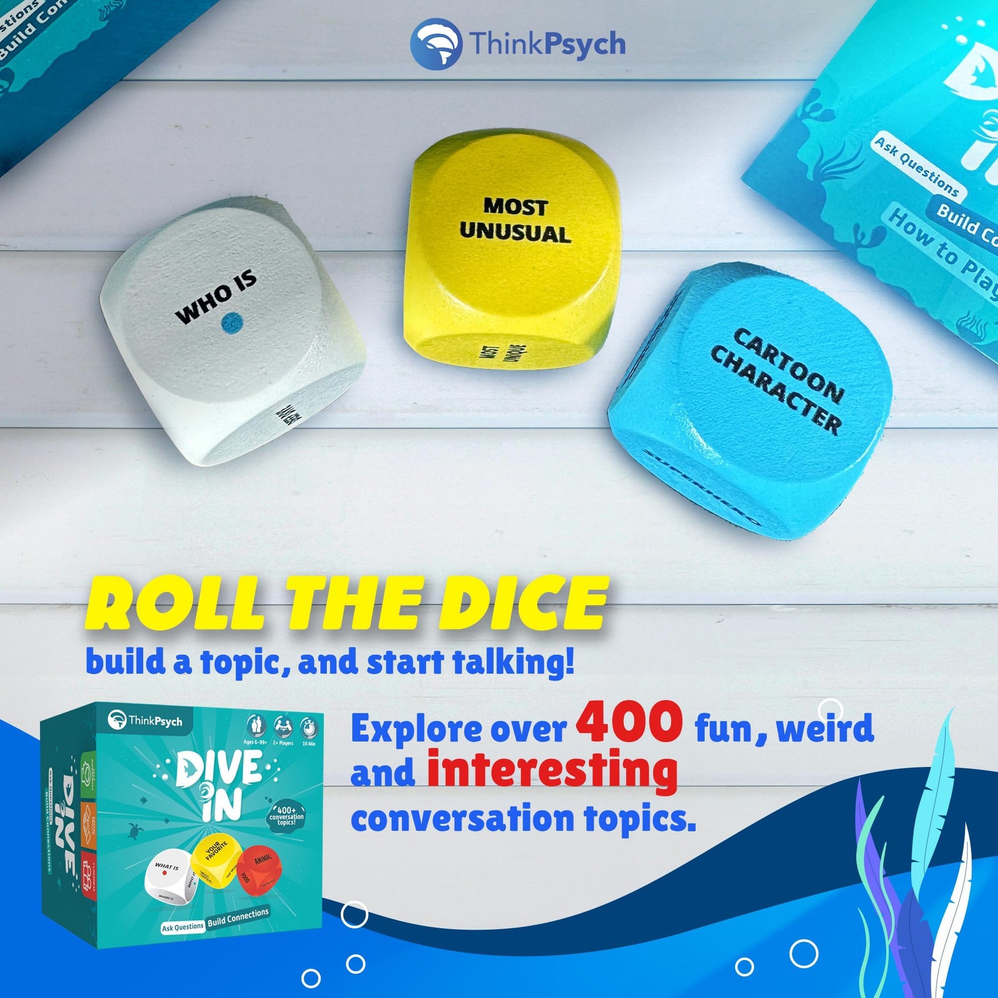 ThinkPsych Dive in - SEL Conversation Dice Game with 400+ Topics | Therapy Games for Kids & Teens | Social Emotional Learning for Home & School | Play
