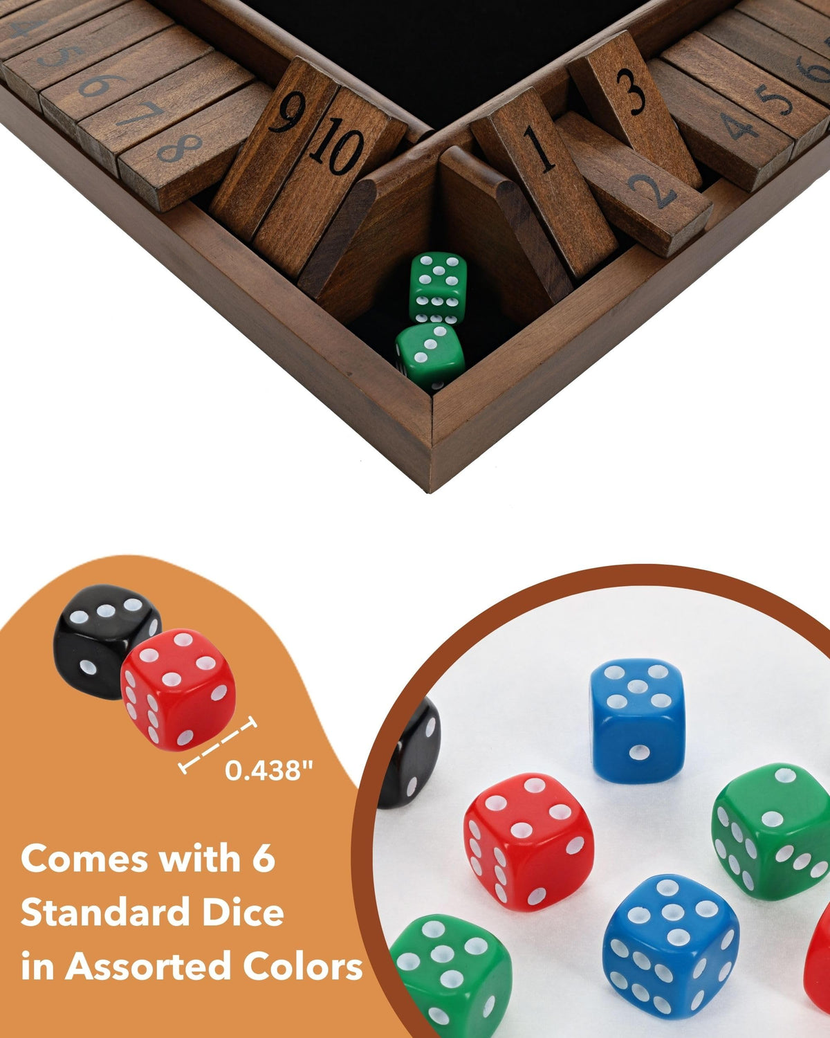 WE Games Shut the Box Wooden Board Game - Classic 4 Player Table Top Math Dice Game, Walnut Stained Wood, 8.5 inch Travel Size, 10 Numbers, for