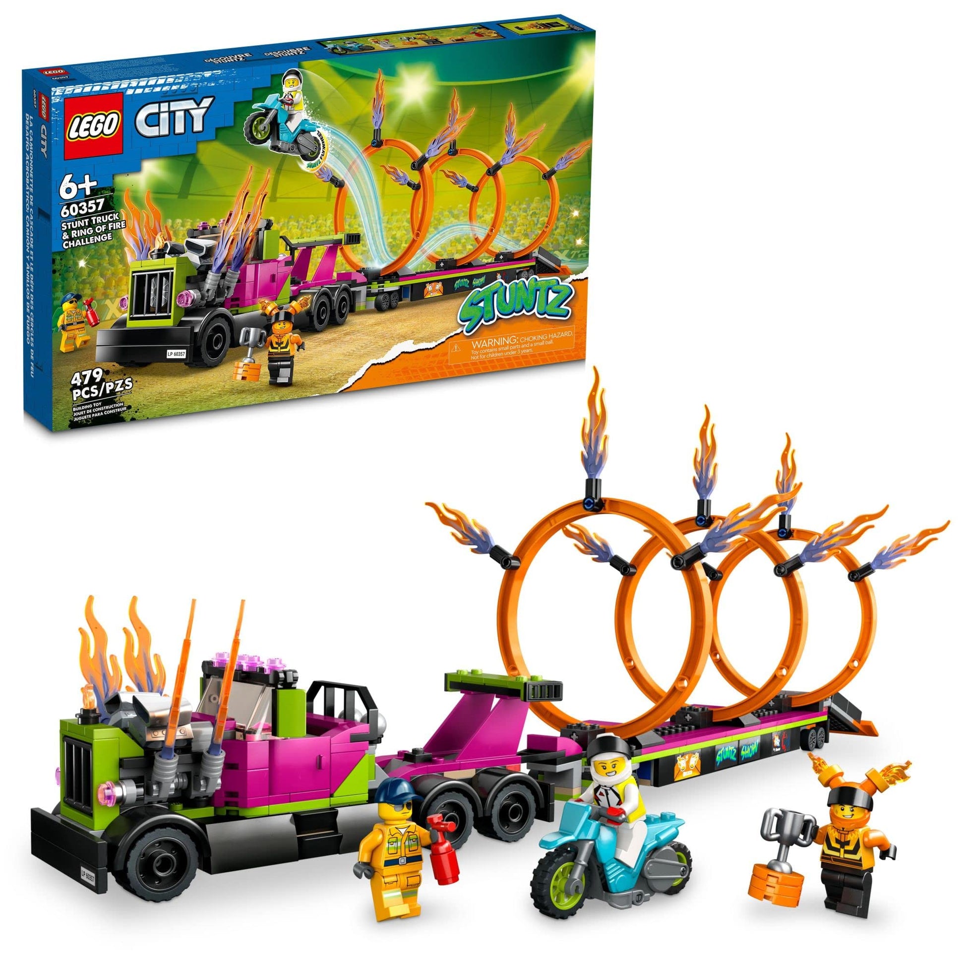 LEGO City Stuntz Stunt Truck & Ring of Fire Challenge 60357 with Flywheel-Powered Motorcycle Toy and Minifigures, Fun Gift for Kids Ages 6 Plus, 2023