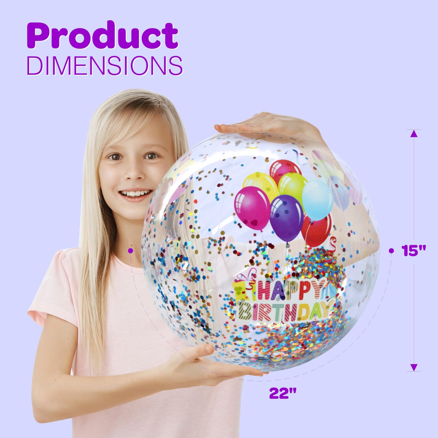 4E's Novelty 22 Inch Large Happy Birthday Beach Ball with Glitter Inside, for Pool Birthday Decorations Supplies, Outdoor Yard Games, Inflatable Pool
