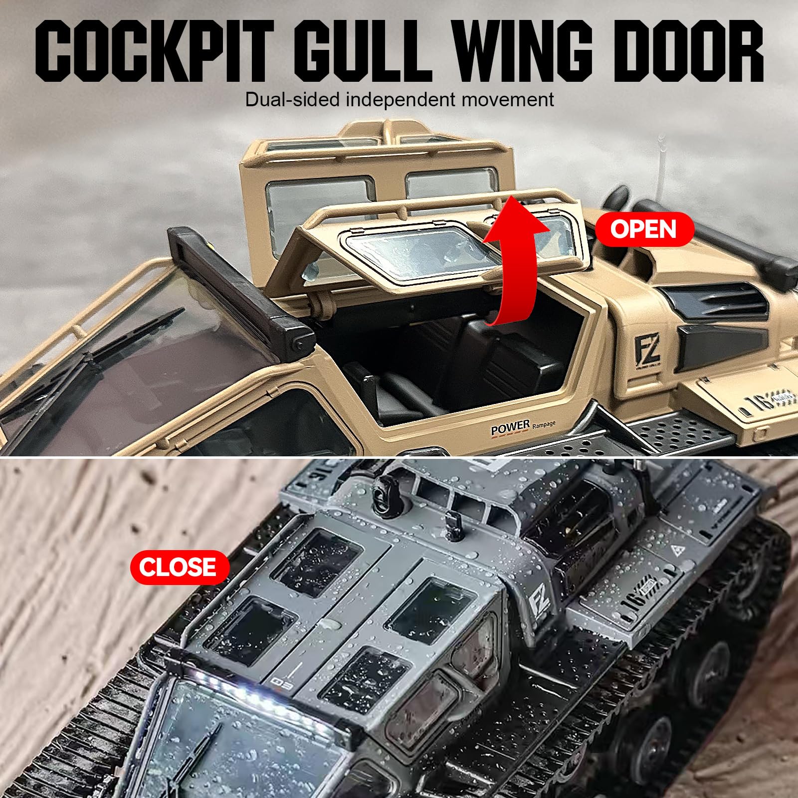 toylefun RC Military Tank Armored Fighting Car with LED Lights, 2.4G Remote Control, 1:16 Scale All-Terrain Vehicle, Dual Motor Drive, Door Open