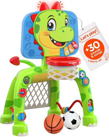 Move2Play, Dinosaur Basketball Hoop & Soccer Goal Activity Center | 30+ Sounds & Songs + 5 Lights | 1 2 3 Year Old for Boys and Girls | Toy & Gift