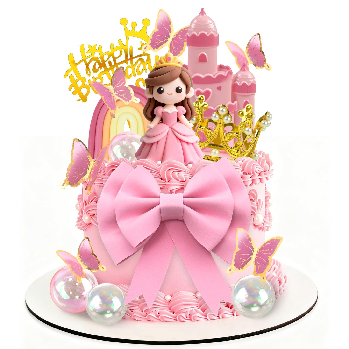 Princess Cake Toppers Castle Cake Decorations with Bows Butterflies Balls Rainbow for Princess Themes Birthday