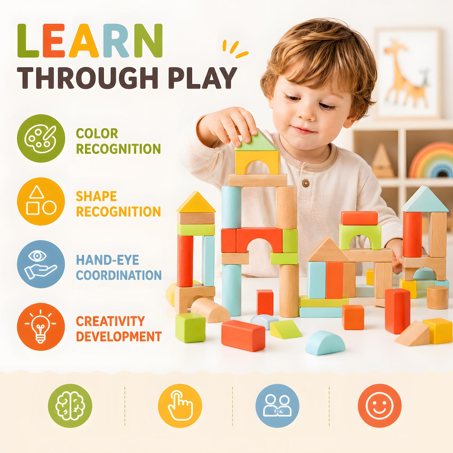 SproutSpace 100pcs Building Blocks for Toddlers 1-3, Wooden Blocks for Kids with Storage Bucket and Shape Sorter, Stacking Toys or 1 2 3 Year Old