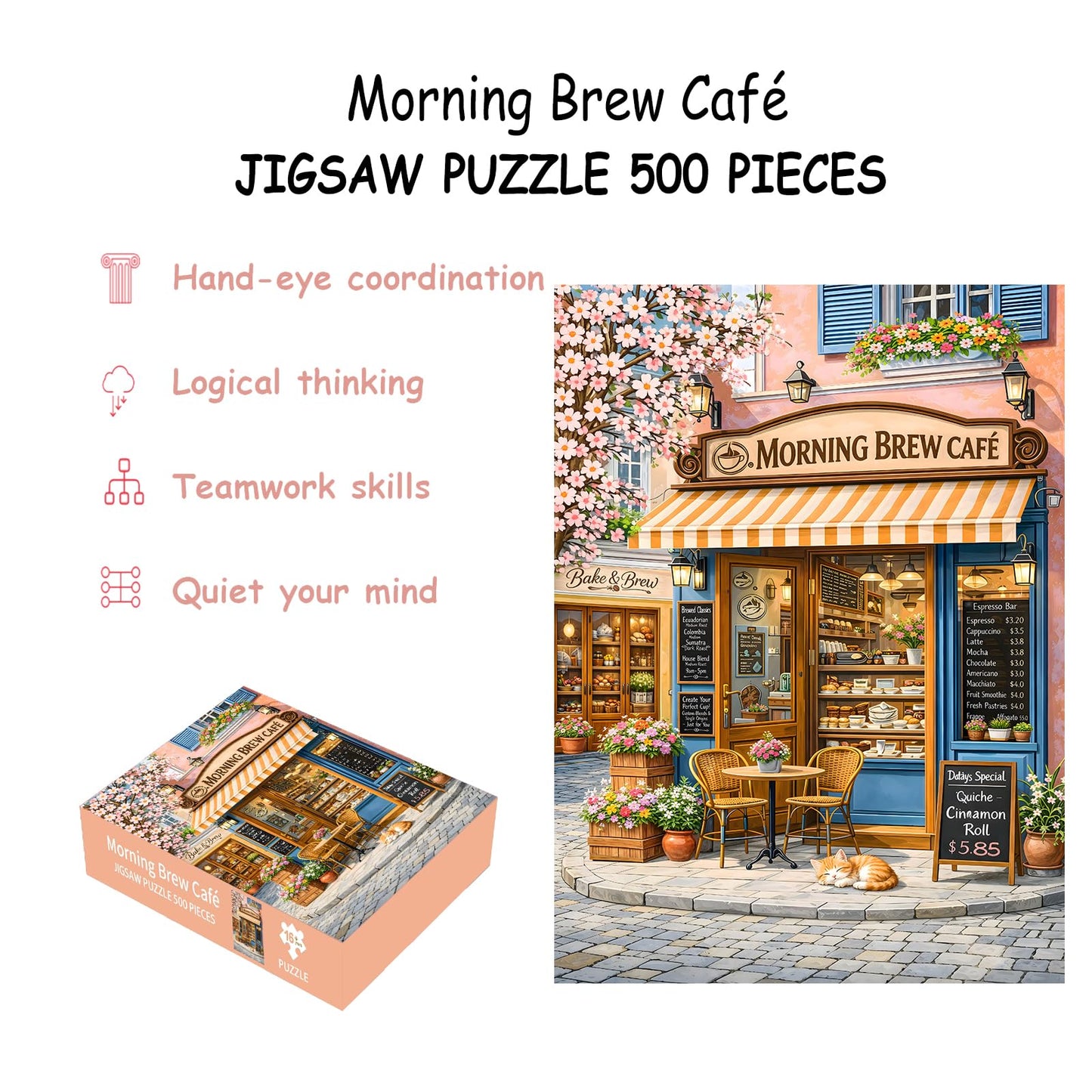 Puzzles for Adults 500 Pieces, Coffee Shop Jigsaw Puzzles - Morning Brew Cafe, Impossible Cafe Puzzles for Seniors Family, 20.47x14.96 inches, 1:1