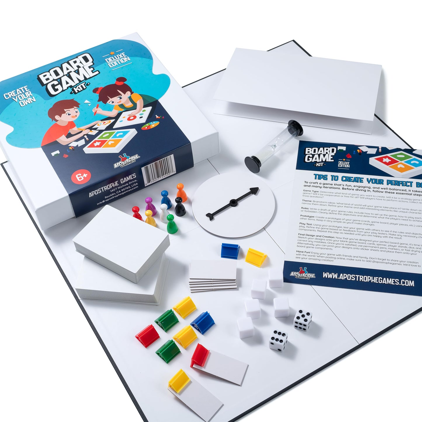 Create Your Own Board Game Set - DIY Kit with Blank Game Board, Game Pieces, Blank Cards, Dice, Spinner, Rulebook, Sand Timer - Build Your Own Game