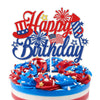 Happy Birthday 4th of July Cake Topper America USA Patriotic Birthday Party Decorations Red and Blue Glitter Firework Independence Day For American