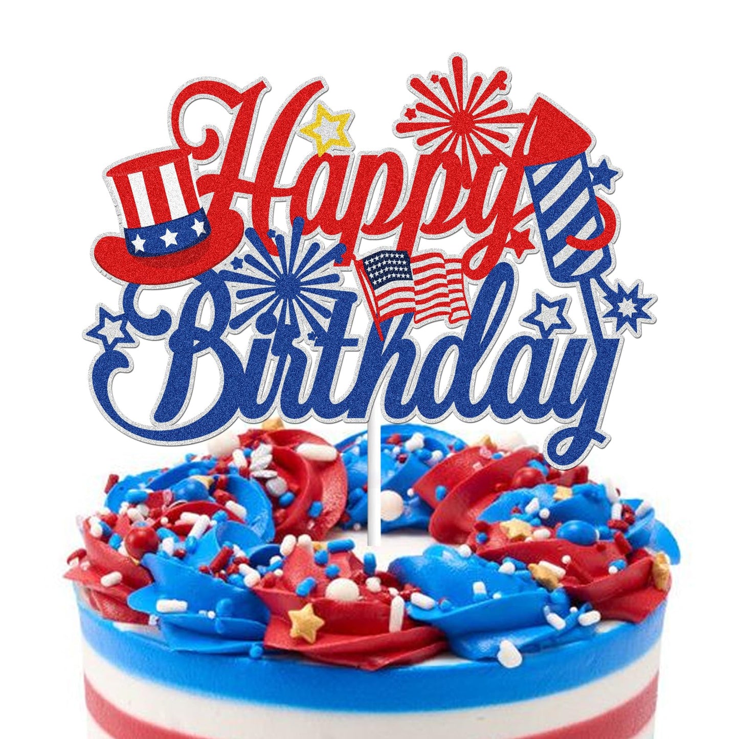 Happy Birthday 4th of July Cake Topper America USA Patriotic Birthday Party Decorations Red and Blue Glitter Firework Independence Day For American