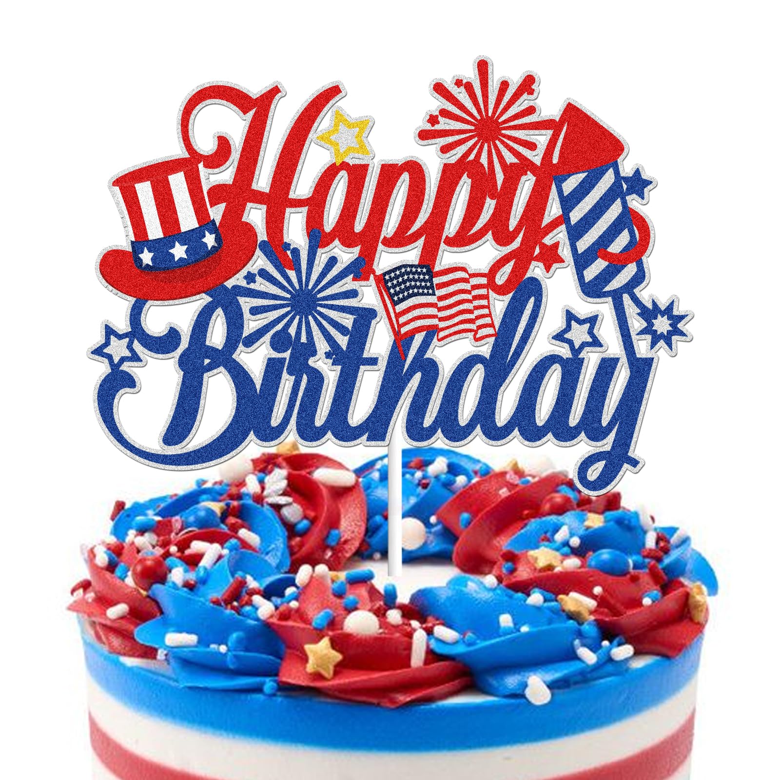 Happy Birthday 4th of July Cake Topper America USA Patriotic Birthday Party Decorations Red and Blue Glitter Firework Independence Day For American