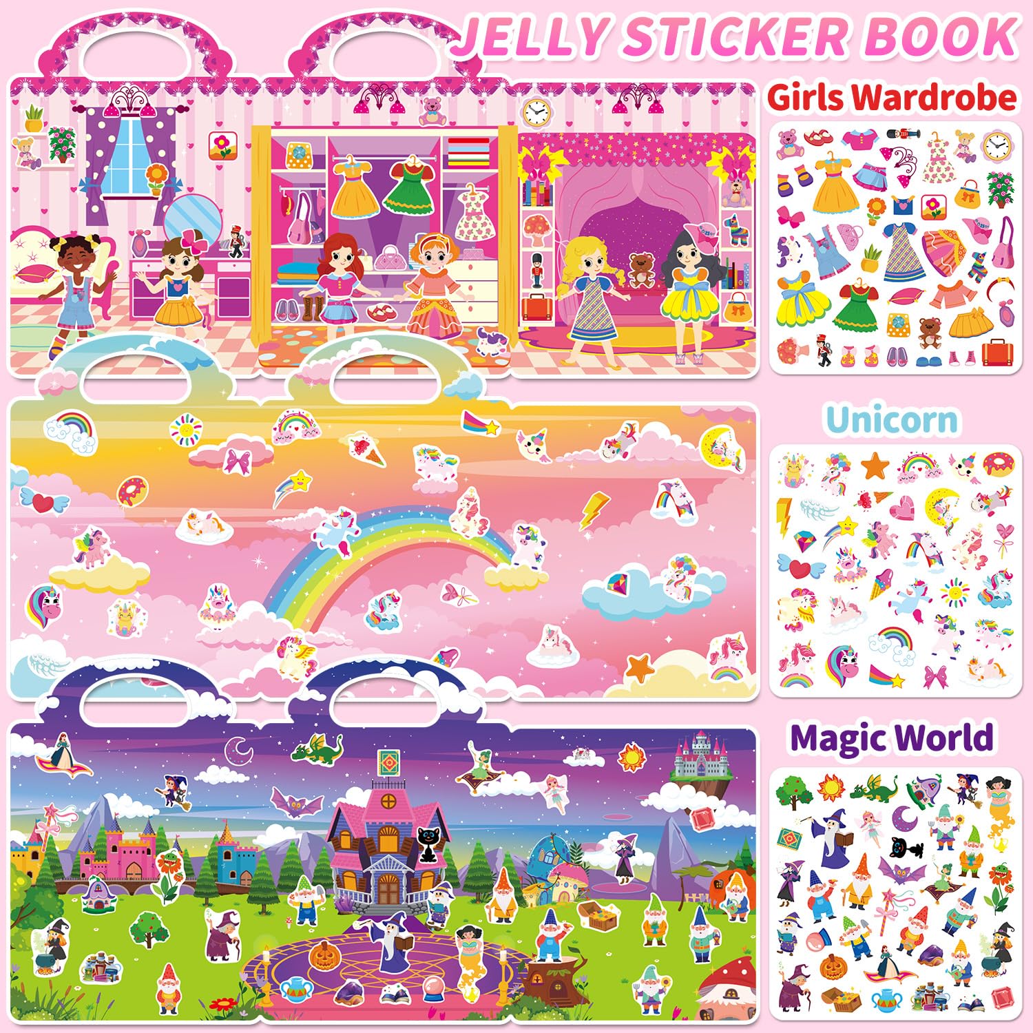 CREATIVETREES 6 Sets Reusable Sticker Book for Girls 3-6, Jelly Sticker Books for Toddler, Travel Sticker Activity Toys for Kids 3 4 5 6 Years Old