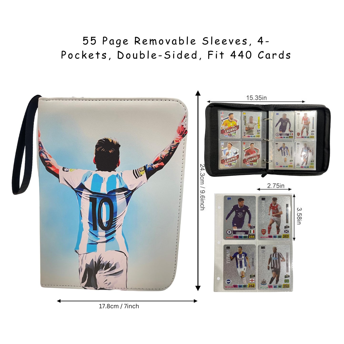 Soccer Card Binder 440 Pockets- Waterproof Trading Card Album with 55 Removable Sleeves Fit - 3 Rings with Zipper -Compatible with Topps Sports Cards