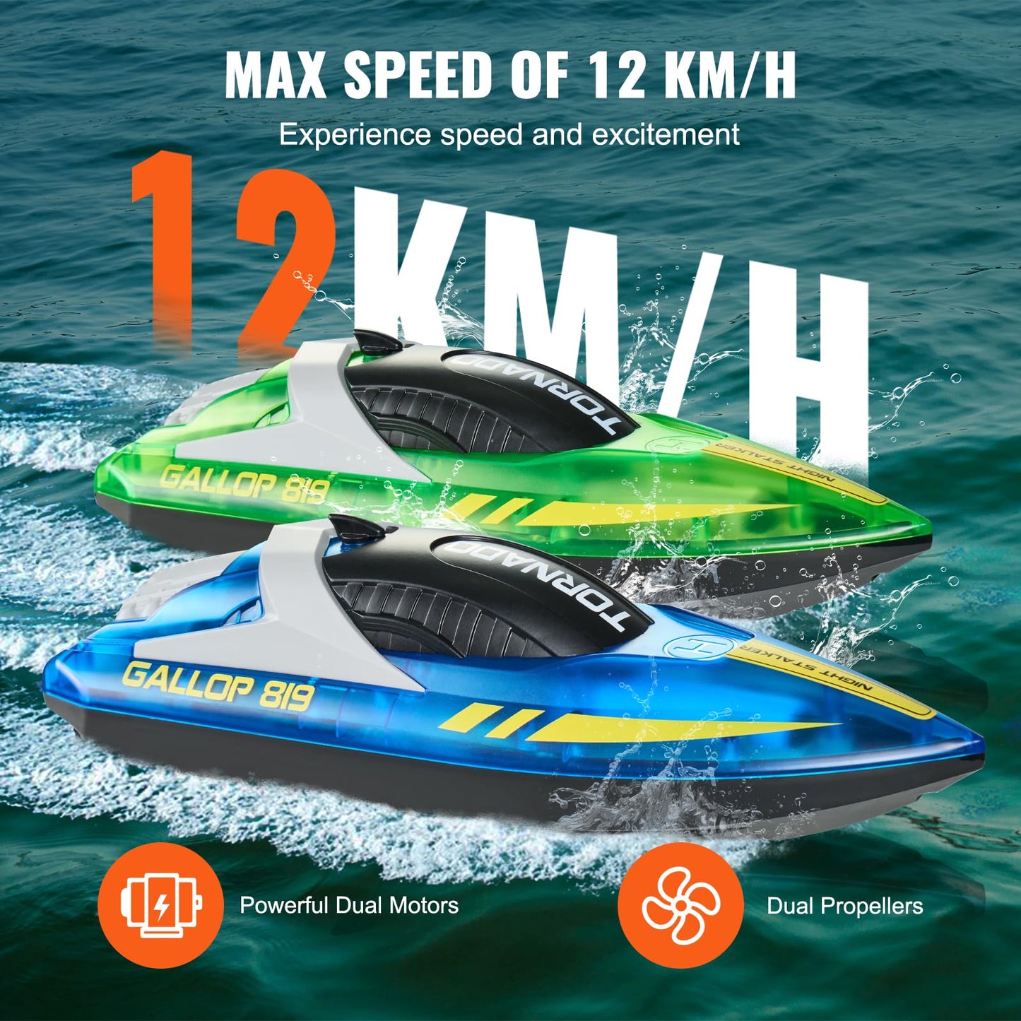 VEVOR RC Boat for Kids, 2Pack Remote Control Boat for Pools & Lakes, Racing Boat with LED Light & 4 Rechargeable Batteries, Whole Body Waterproof