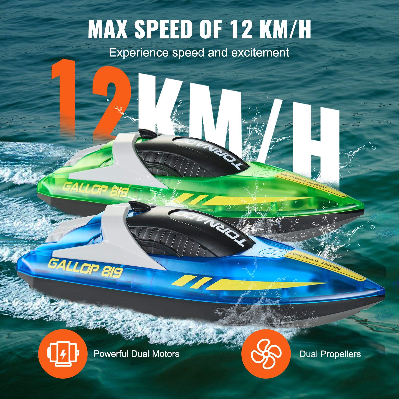 VEVOR RC Boat for Kids, 2Pack Remote Control Boat for Pools & Lakes, Racing Boat with LED Light & 4 Rechargeable Batteries, Whole Body Waterproof