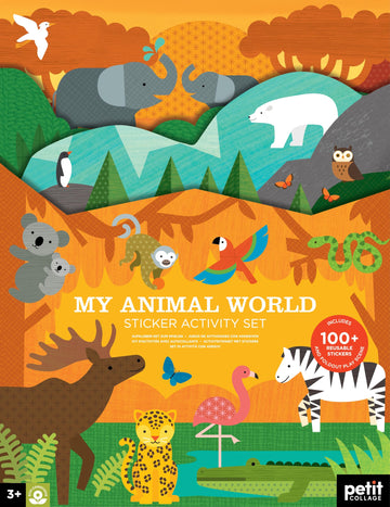 Petit Collage Sticker Activity Book, My Animal World - Giant Fold Out Sticker Book for Kids, Includes Over 100 Reusable Stickers - Activity Toys