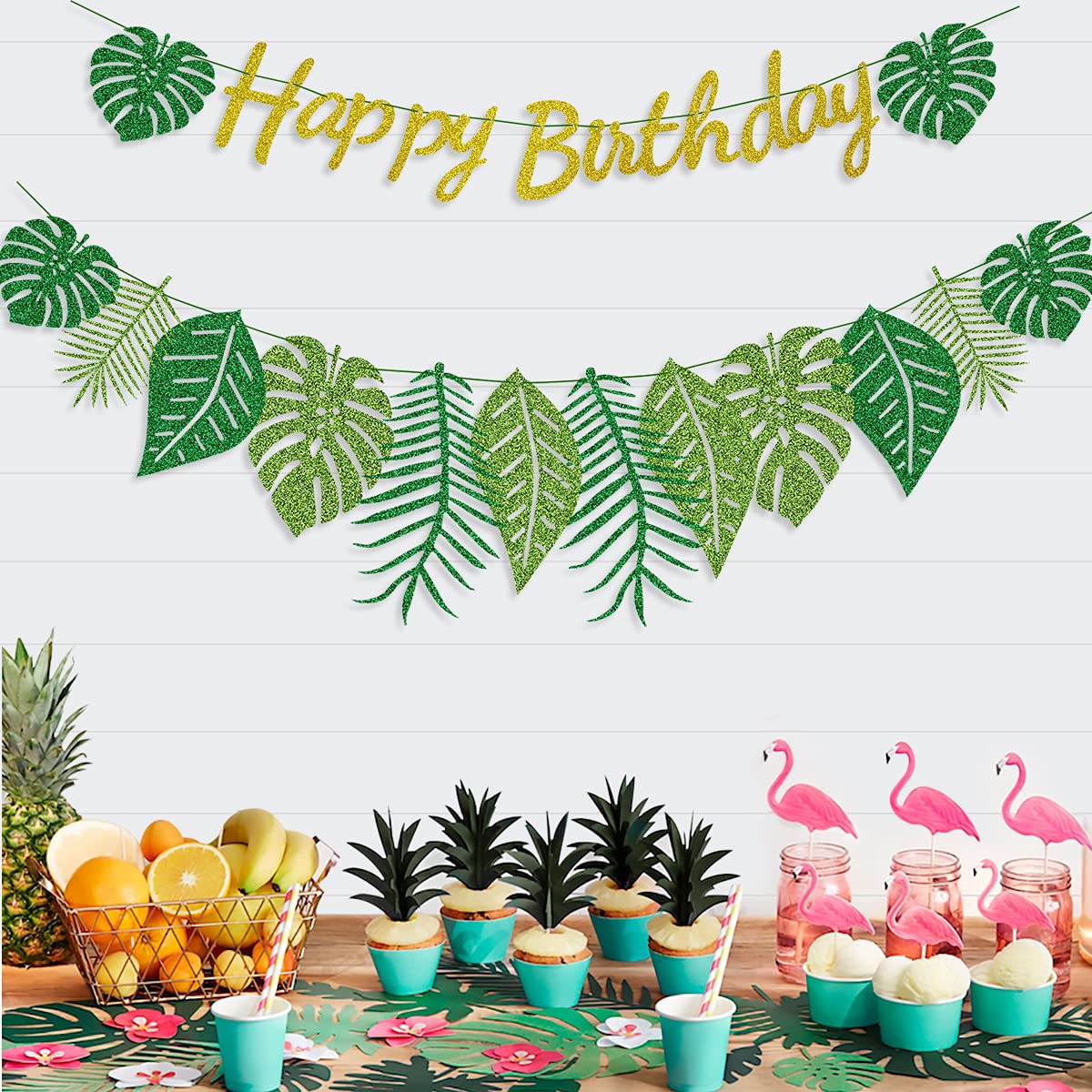 Hawaiian Party Happy Birthday Banner - Hawaiian Party Decoration, Birthday Banner for Luau Party Supplies, and Tropical Party Palm Leaf Decorations
