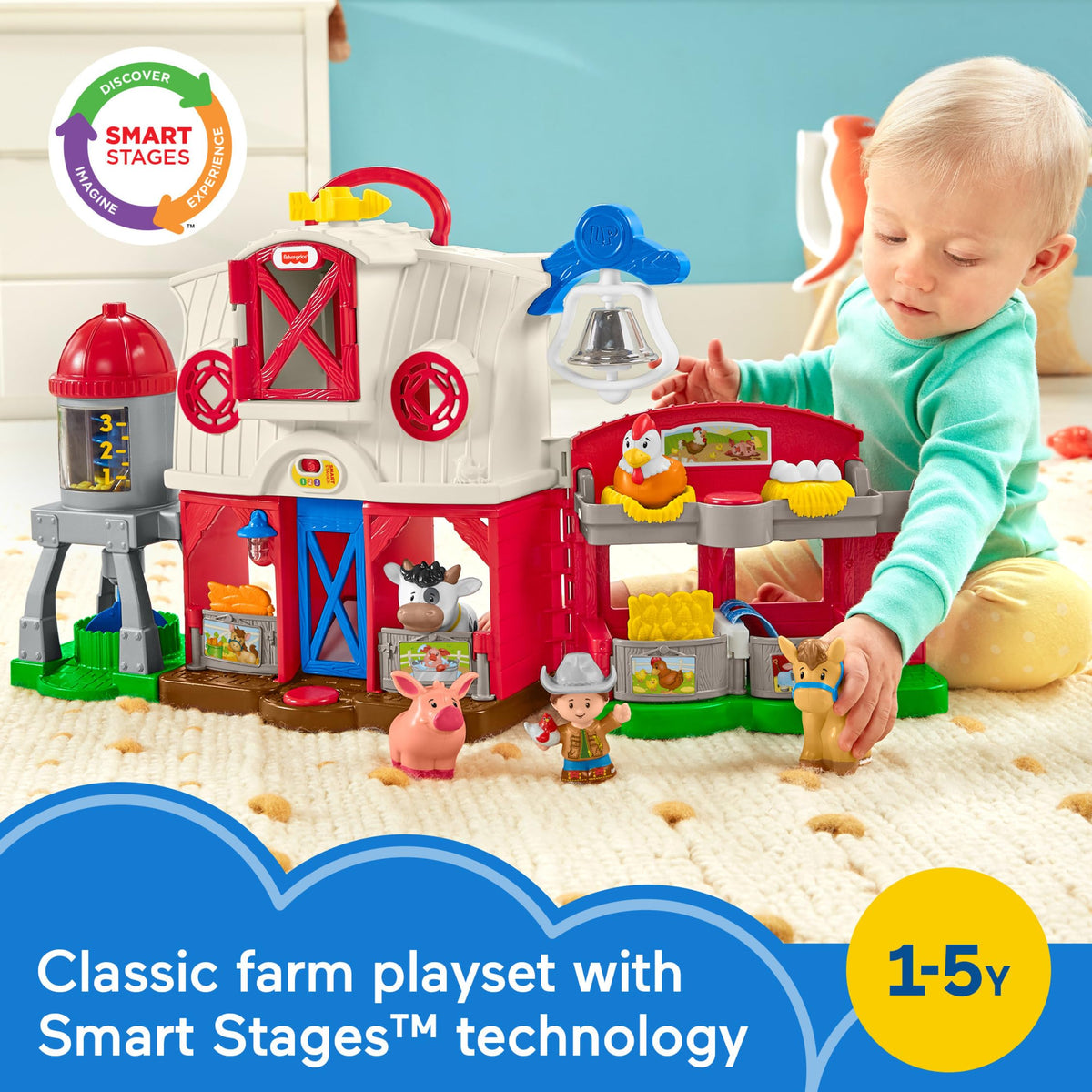 Fisher-Price Little People Toddler Learning Toy Caring for Animals Farm Playset with Smart Stages for Pretend Play Kids Ages 1+ years (Amazon