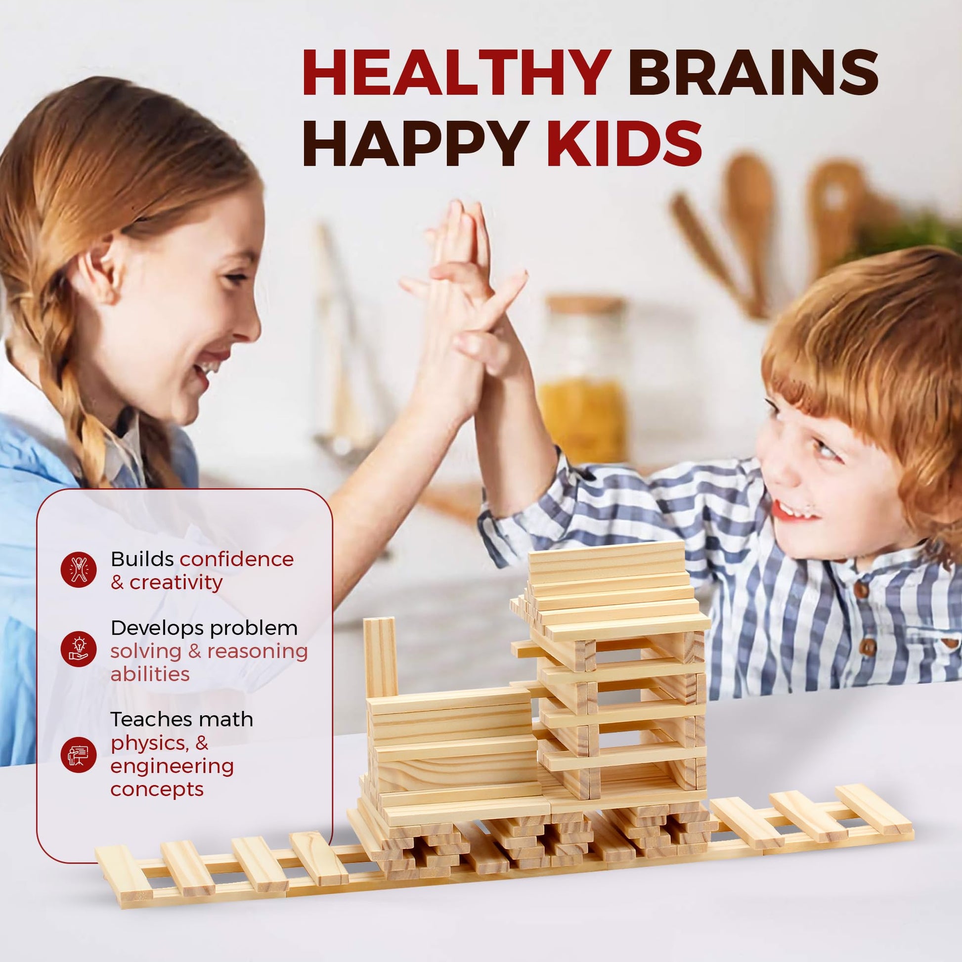 OWT Wooden Building Planks for Kids | 100 Piece STEM Construction Blocks Set for Creative Play | Educational Wood Building Toys for Boys and Girls