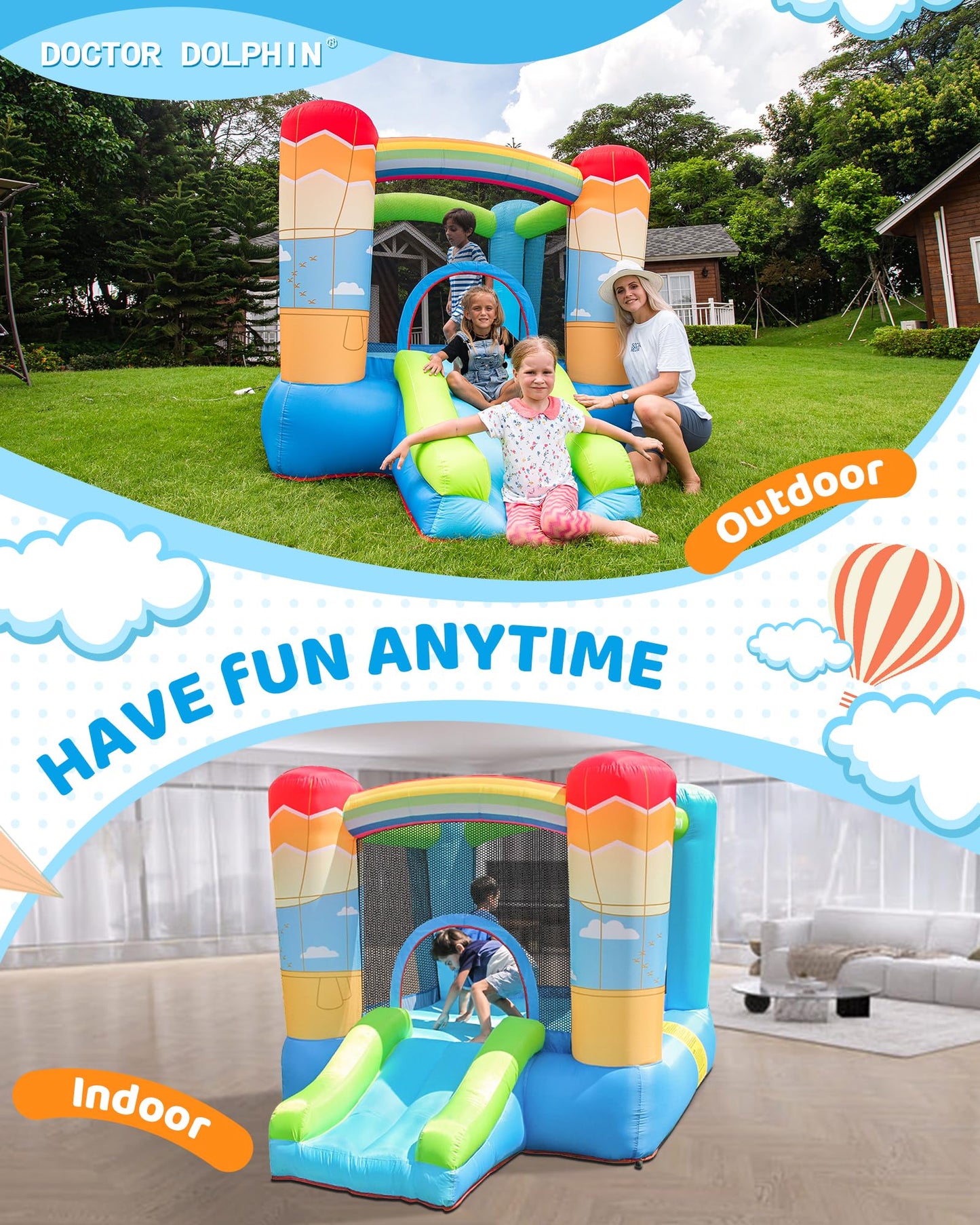 Doctor Dolphin Inflatable Bounce House for Kids, Bouncy House with Blower Indoor Outdoor, Inflatable Bouncer for Kids Party (Hot-air Balloon Theme)
