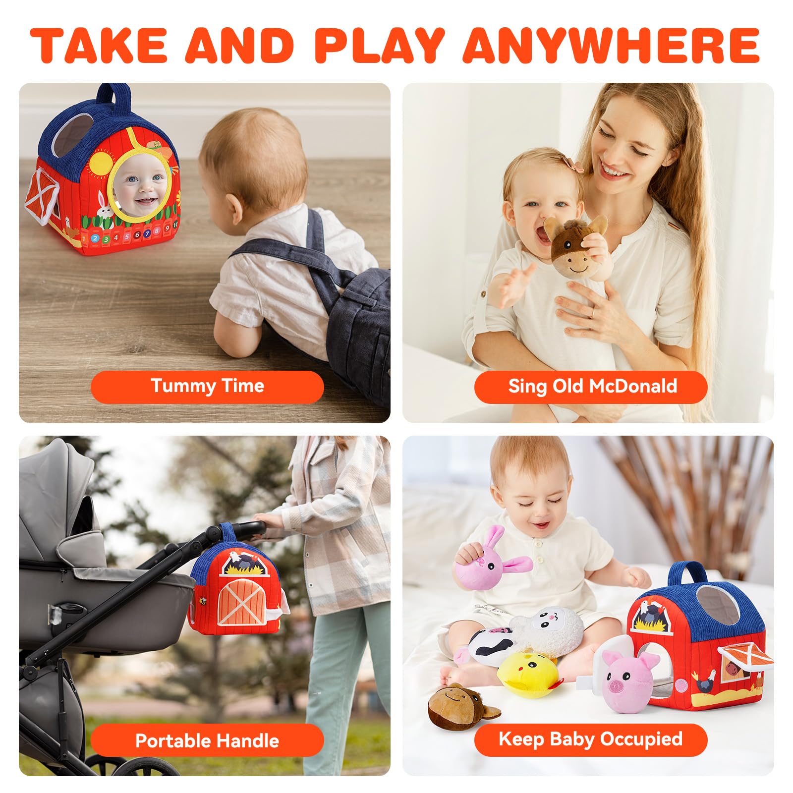 Soft Barn Baby Toys 6-12 Months with Stuffed Farm Animals, Rattle Squeaky Crinkle Sound & Mirror, Montessori Sensory Plush Infant Toy for 6 7 8 9 10
