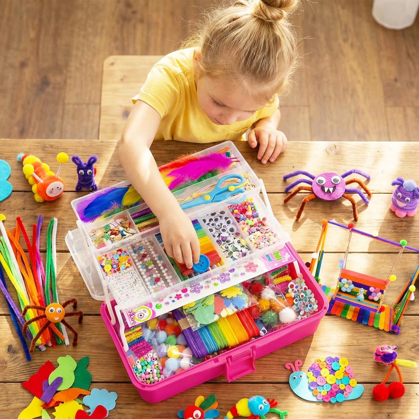 Bobbie Art Arts and Crafts Supplies for Kids- Ultimate Crafting Supply Carboodle in Portable 3 Layered Dark Pink Plastic Art Art Crafting Kit Birthday