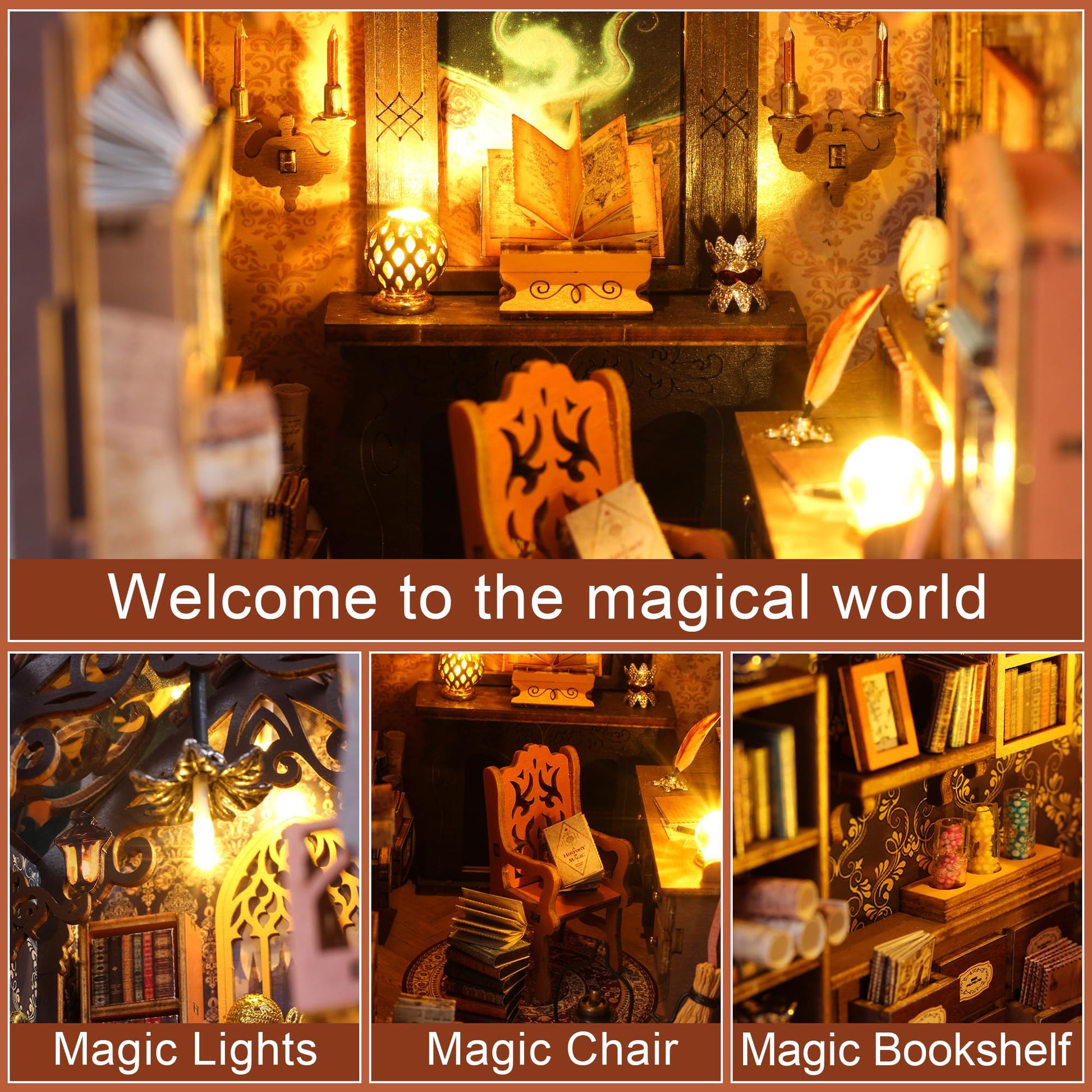 Book Nook Kit - DIY Miniature House Kit for Adults, Teens and Beginners, Magic Library 3D Wooden Puzzle Insert Decor with LED Light, Shelf Miniature