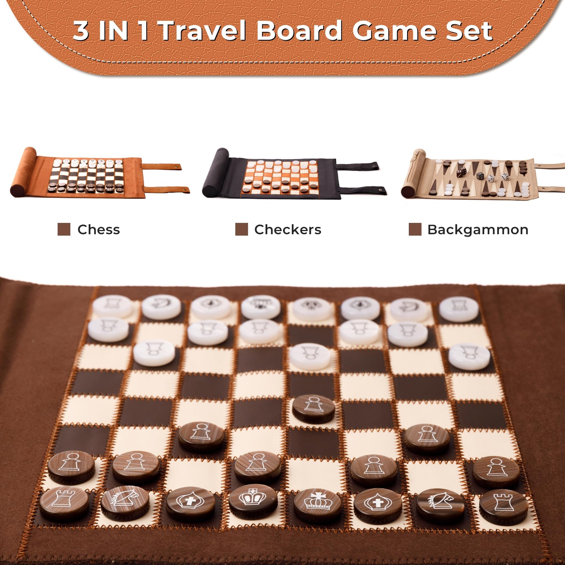 Woodronic 3 in 1 Travel Chess Checkers Backgammon Set, Roll-up Leather Backgammon Game Set with 32 Pearl Textured Pieces and 5 Dices, Portable Travel
