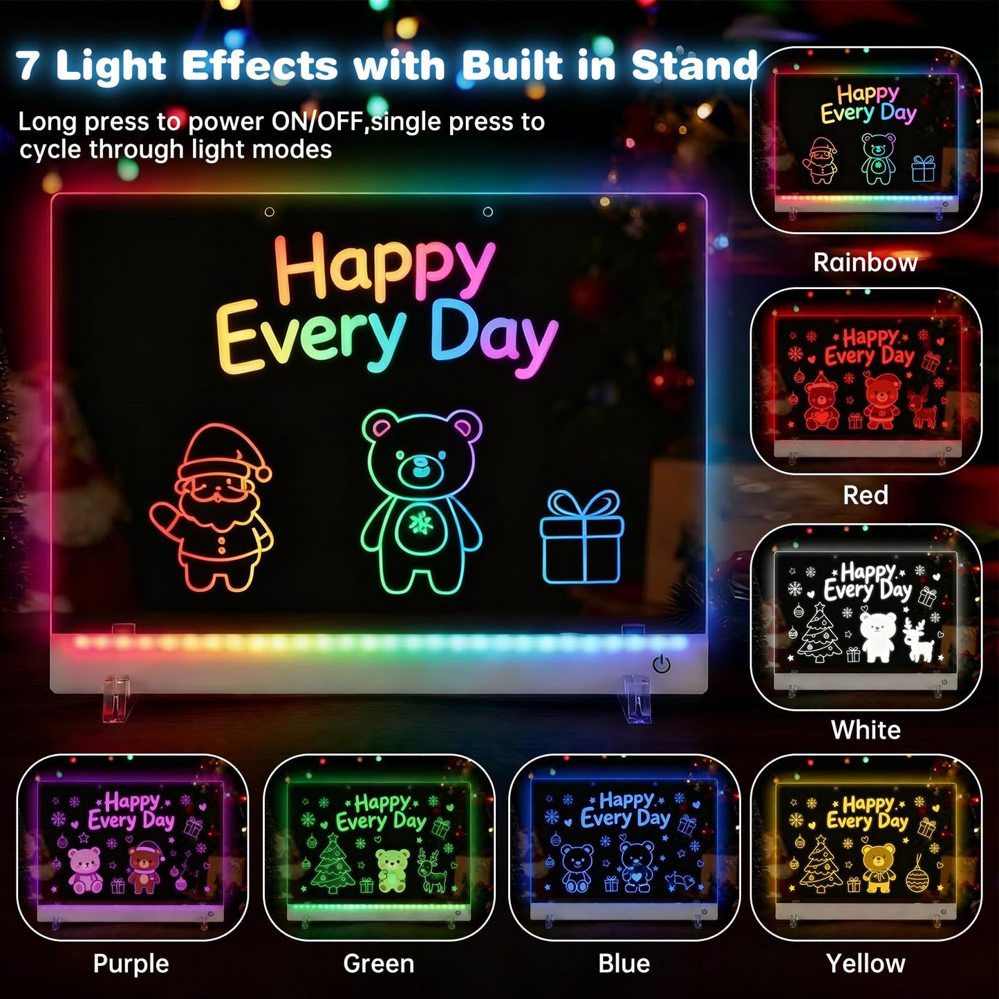 HONGDPENP Rechargeable LED Drawing Board, Light Up Doodle Pad with 7 Colors & 3 Modes, 7 Neon Markers & Stylus, Dry Erase Glow Sketch Tablet