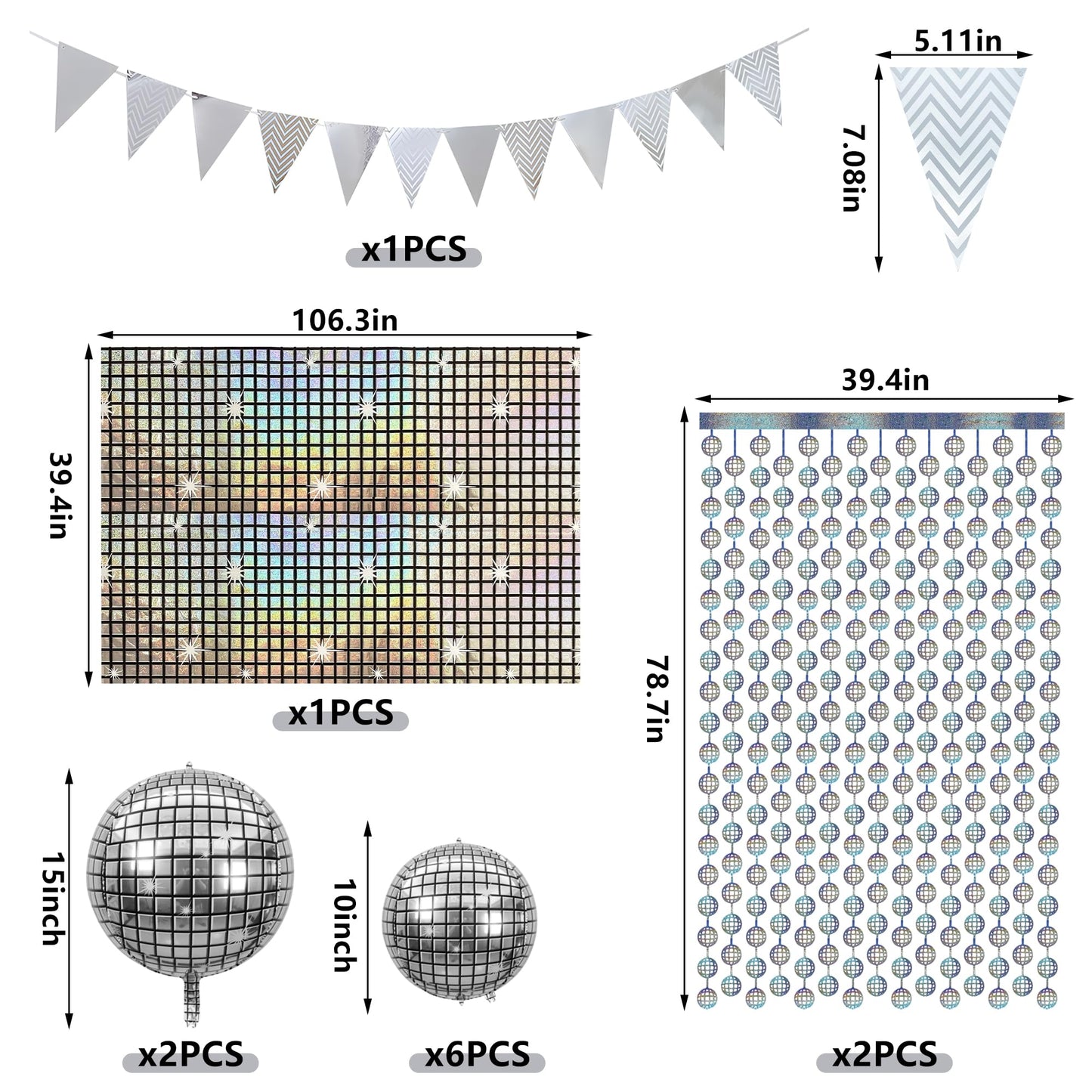 12PCS Disco Party Decorations Supplies Sequin Backdrop Disco Ball Women Men 60s 70s Birthday Party Decorations Tablecloth 2PCS Silver Foil Fringe
