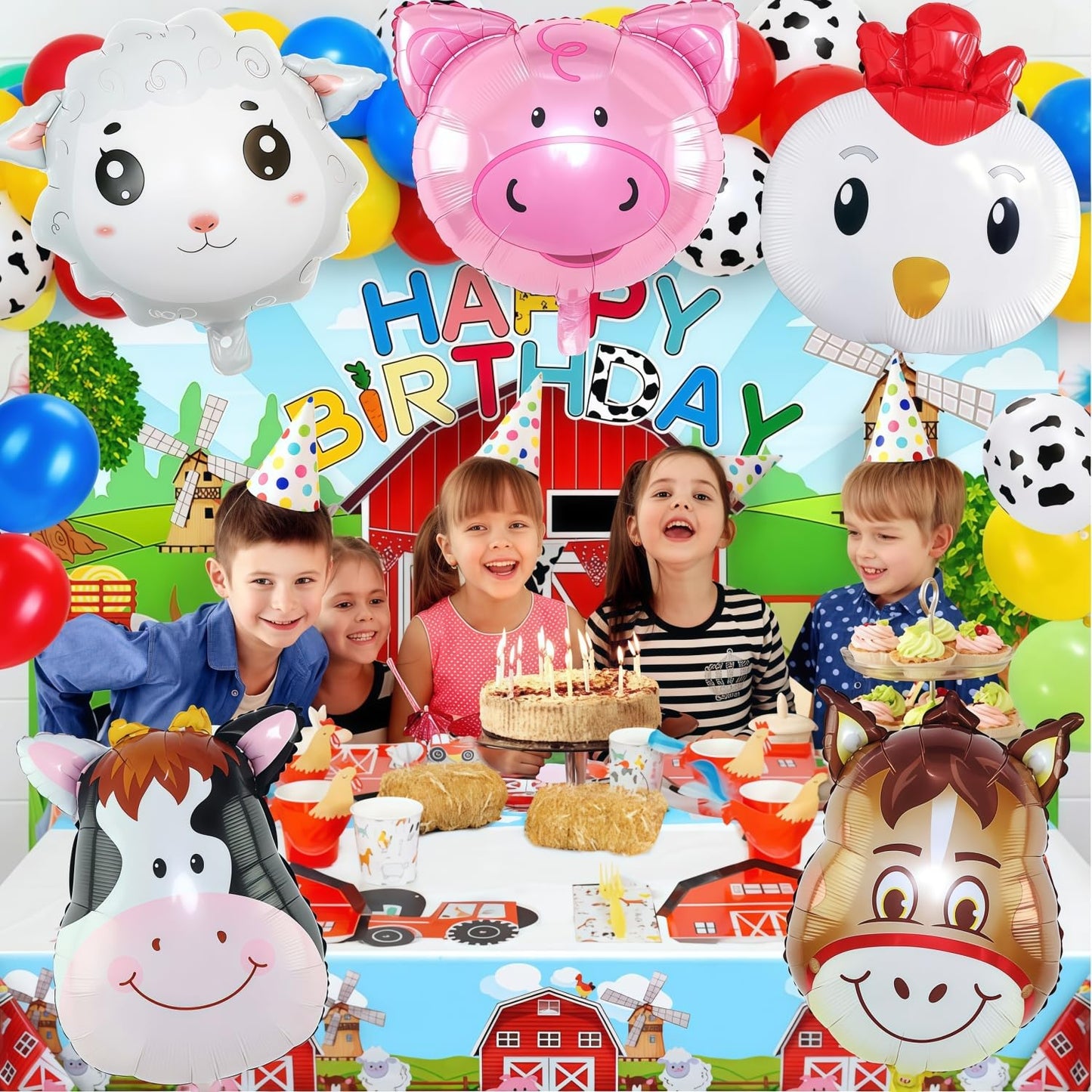 XLENGO 5 PCS Farm Animal Balloons, Cow Donkey Sheep Pig Chicken Foil Mylar Balloon for Baby Shower Farm Birthday Party Decorations Supplies