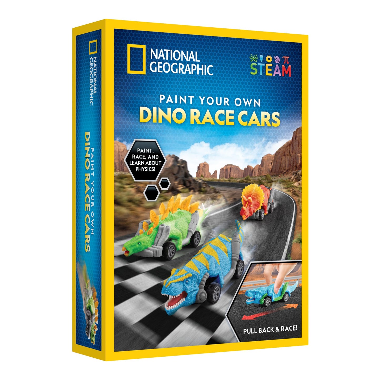 National Geographic Pull Back Dinosaur Race Cars Craft Kit - Paint 3 Dino Racecars with 6 Paint Colors, Dinosaur Toys for Kids, Kids Painting Kit