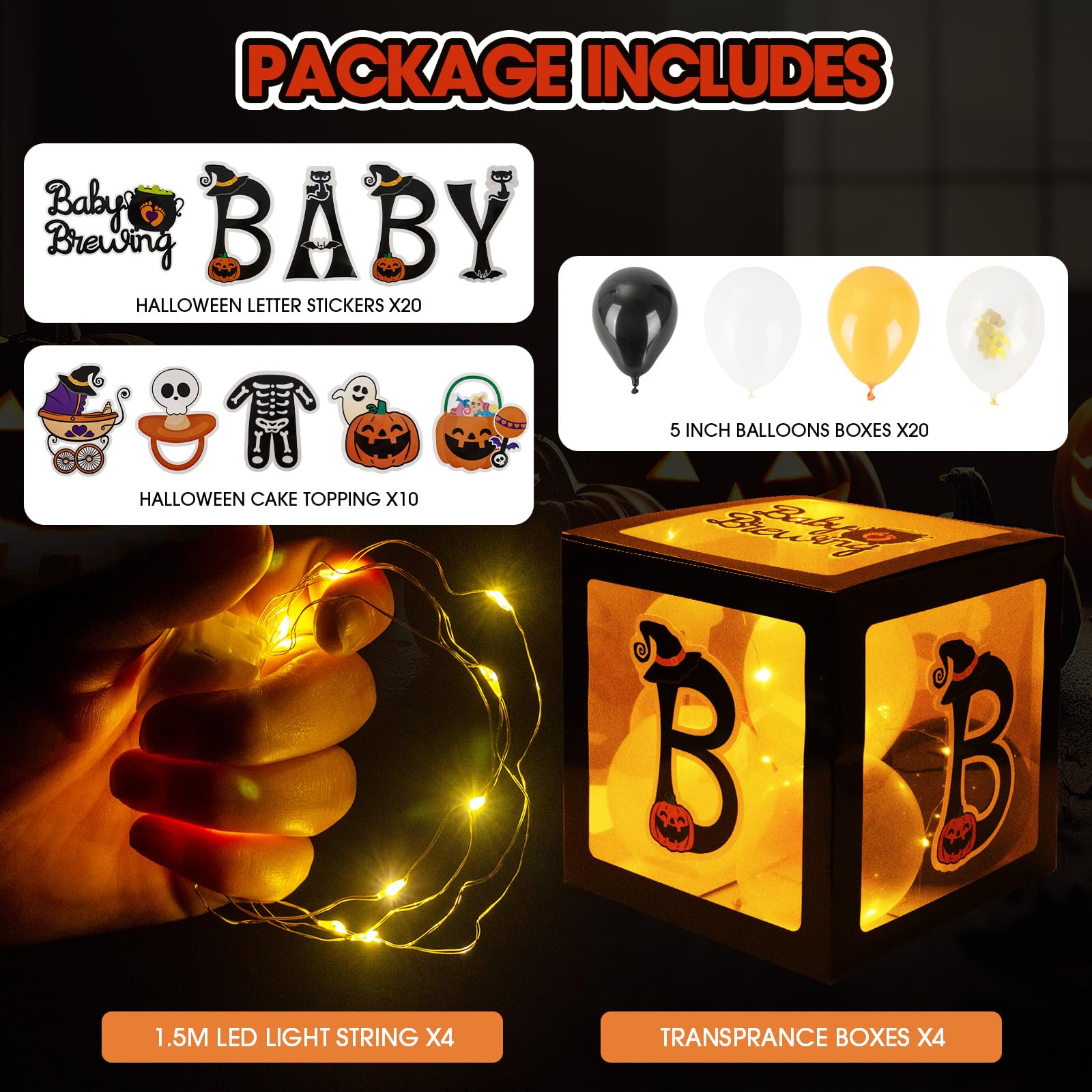 Baby First Halloween Decorations Balloons Boxes 4 Pcs Letter Blocks Transparent Box with 4 LED Light Strings - Baby Shower Party Supplies Decoration