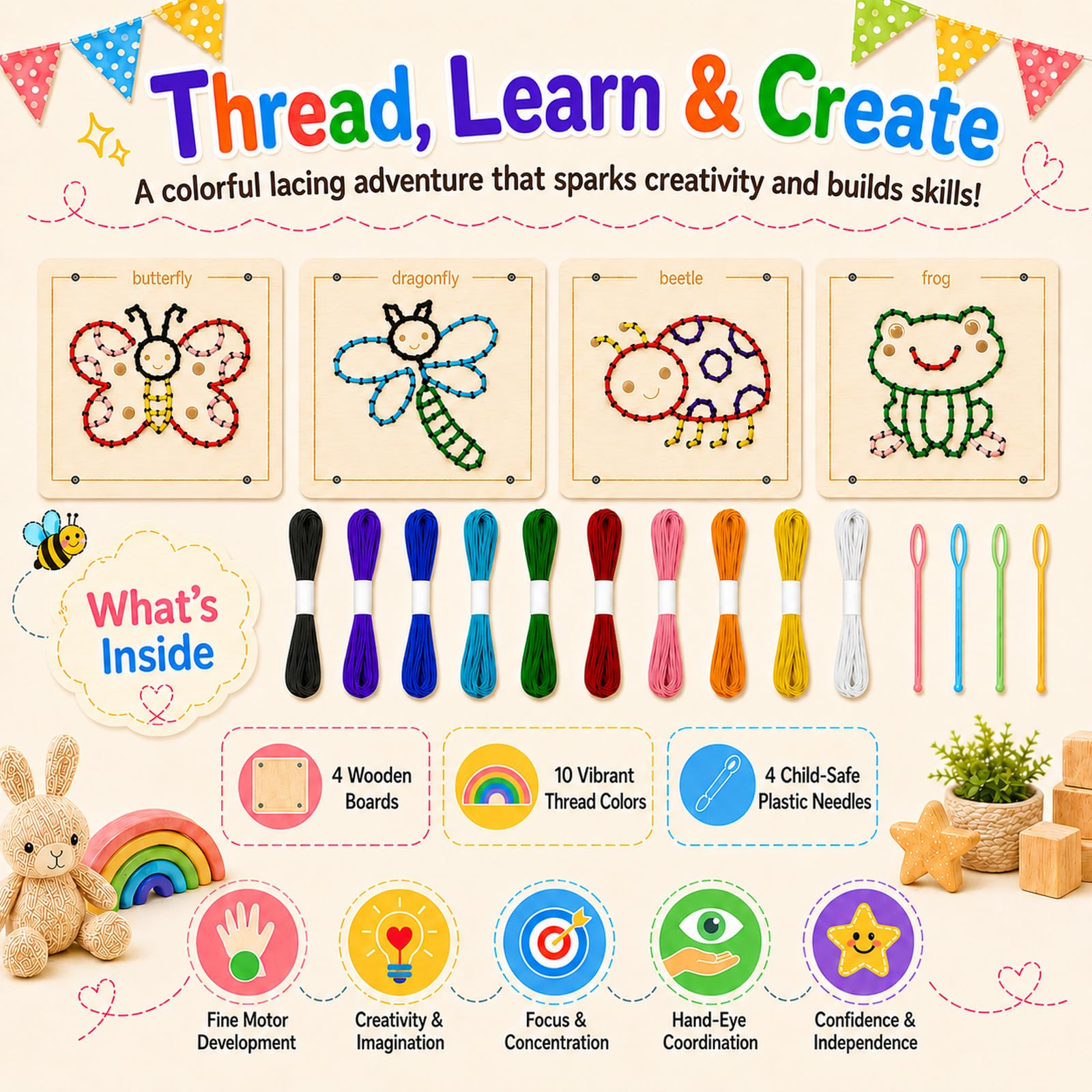 Montessori Wooden Lacing Toys for Toddlers and Kids Ages 2-4 5-7, Sewing Kit Fine Motor Skill Busy Board, Education Sensory Preschool Toy for 1 2 3 4