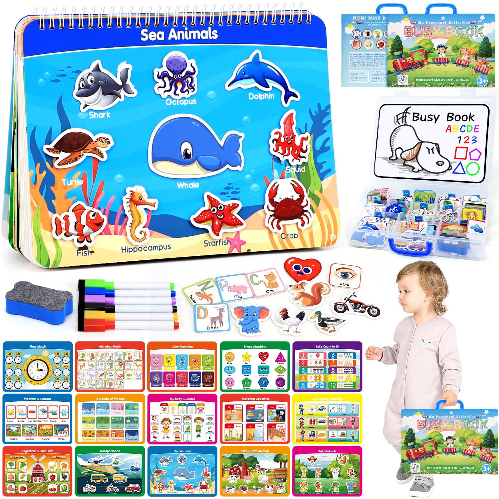HarVow Busy Book with Classified Storage Box & Double-Sided Writing Board, 15 Themes Montessori Preschool Learning Activities, Pre-Assembled Ready